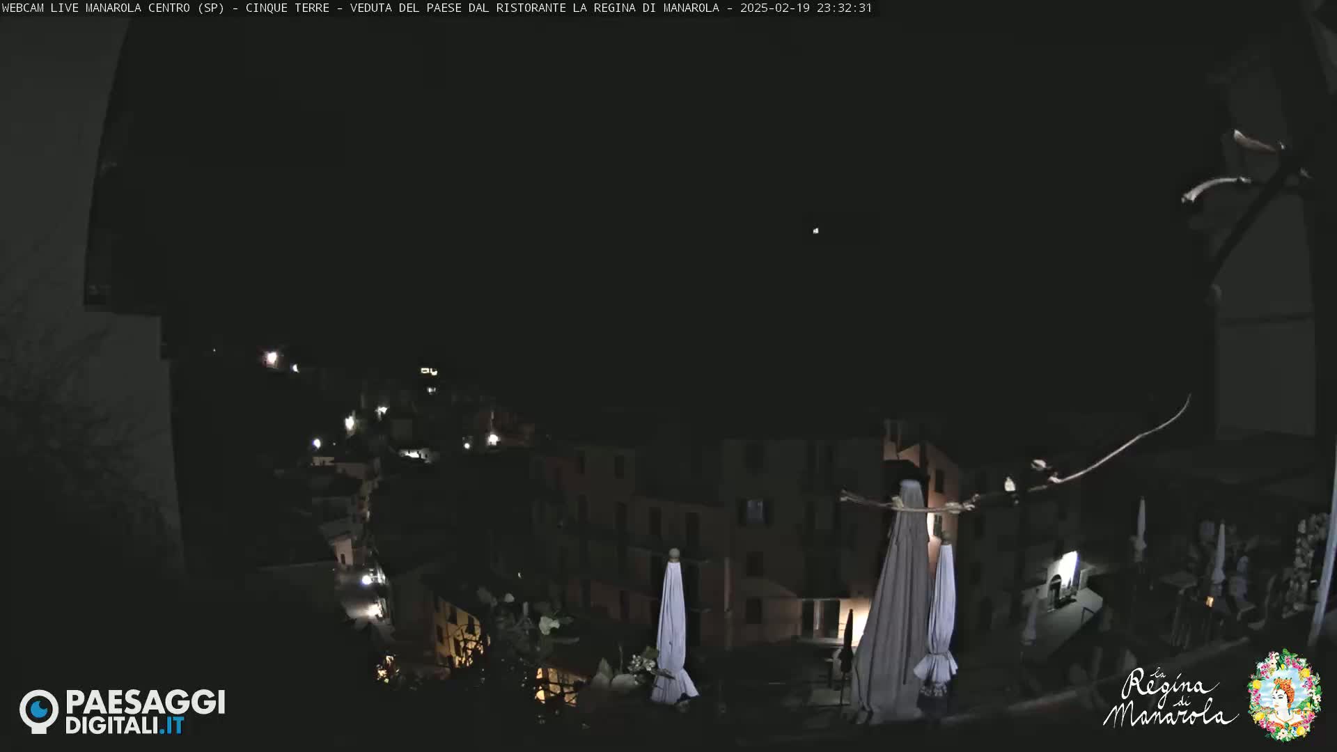 A nighttime, overhead view of a town nestled on a hillside, with a few lights visible and several closed umbrellas on a rooftop.