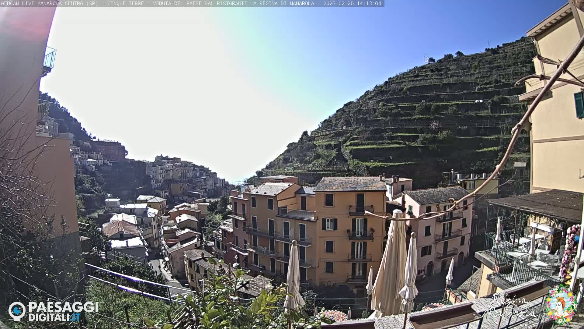A sunny view of a colorful hillside village with terraced vineyards, overlooking buildings and a patio with umbrellas.