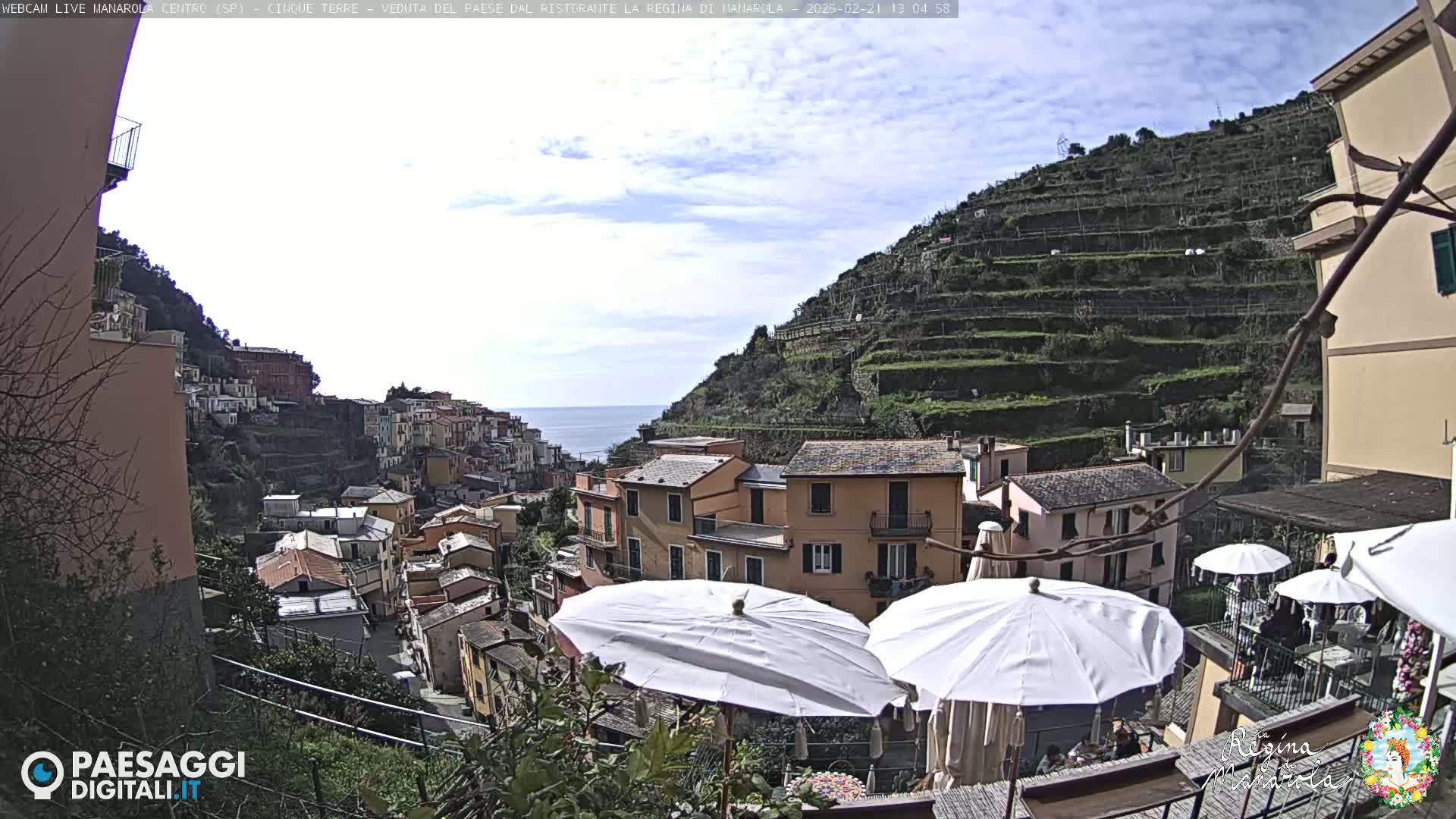 A hillside village with colorful buildings overlooks a calm sea under a partly cloudy sky, with terraced vineyards visible on the slope behind the buildings, and several white patio umbrellas in the foreground.