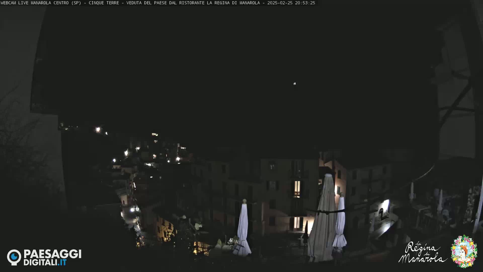 A nighttime, high-angle view of a town with dimly lit buildings and a few closed umbrellas, under a dark sky.