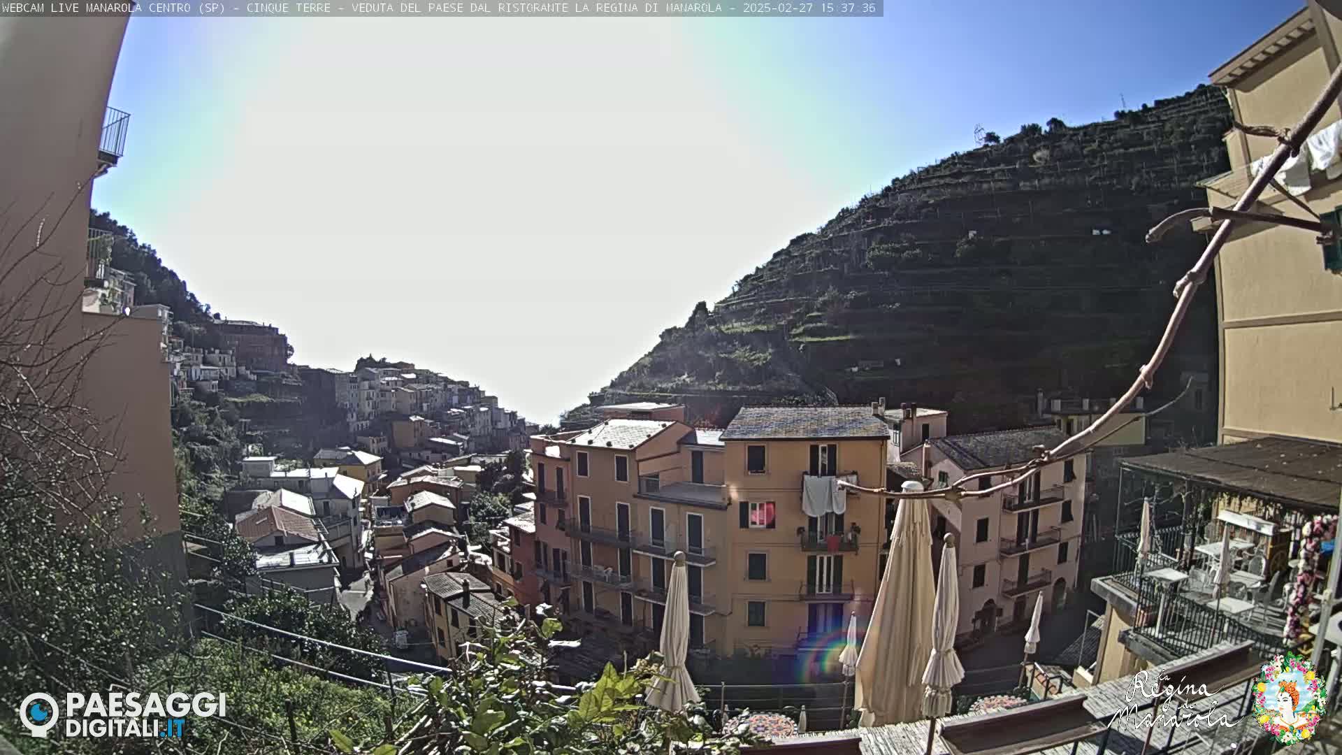 A sunny view of a hillside village with terraced vineyards, overlooking buildings and a patio with umbrellas.