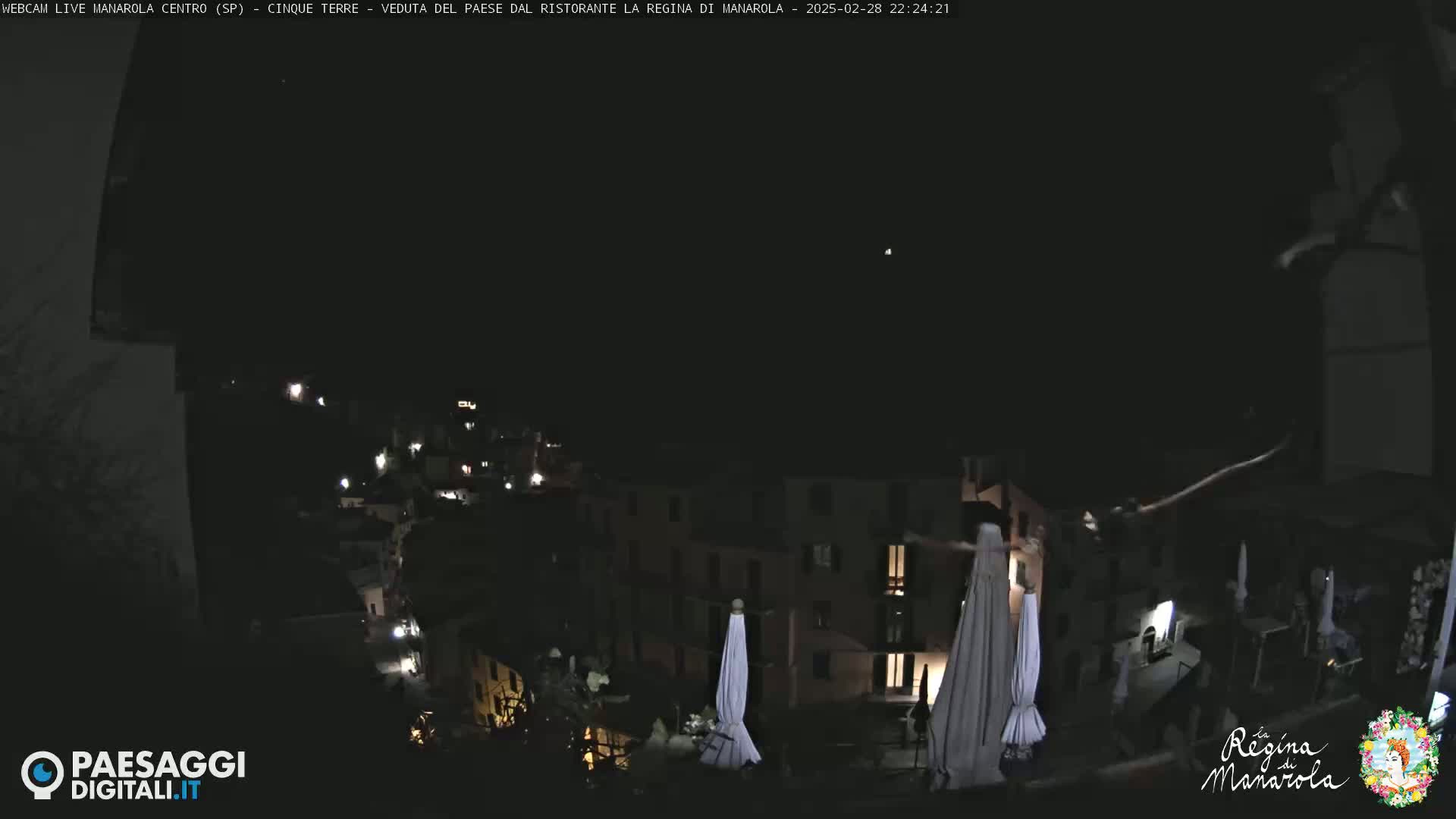 A nighttime view of a town with dimly lit buildings and closed umbrellas, under a dark, clear sky.