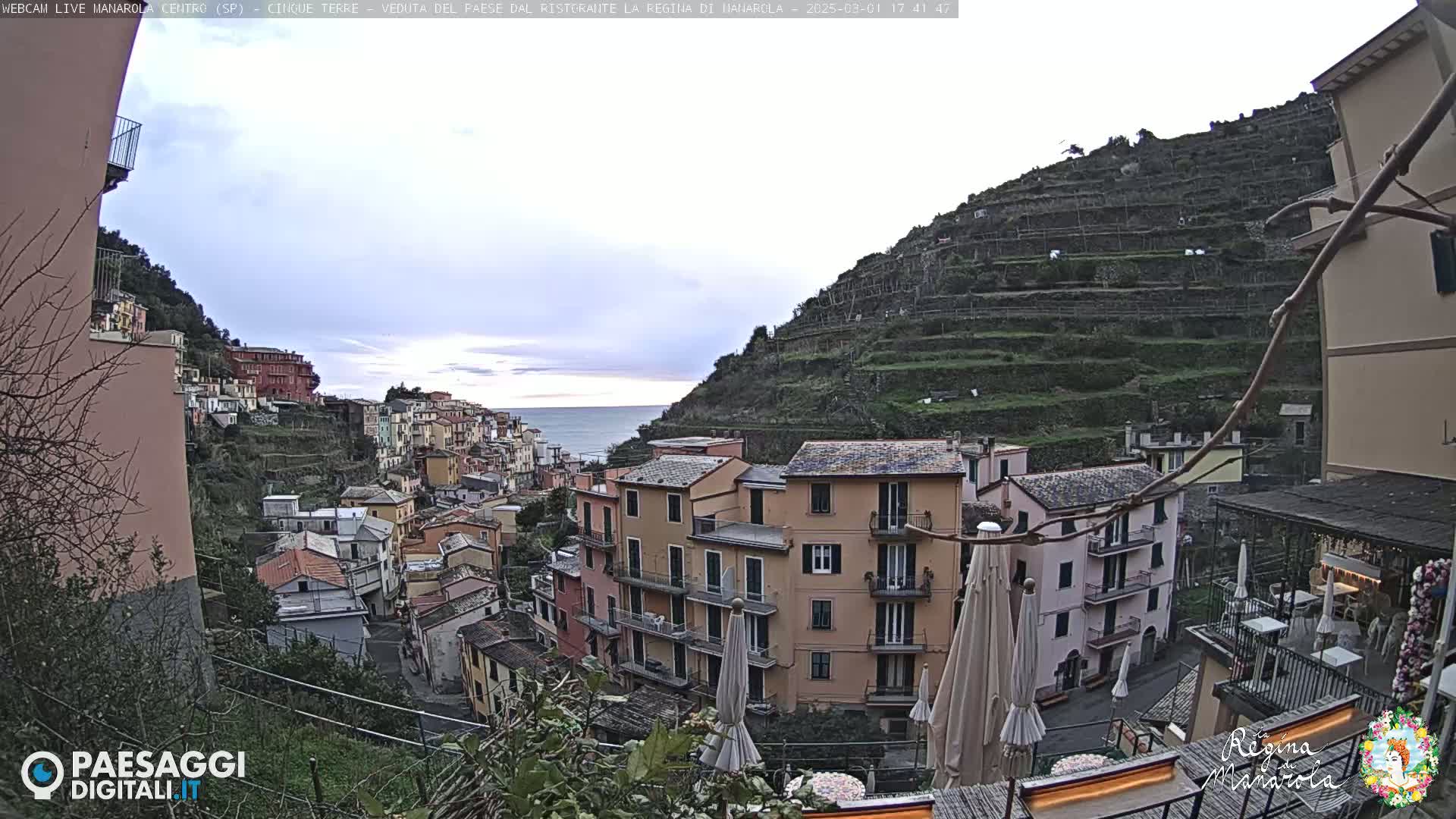 A hillside town overlooks the ocean under a mostly cloudy sky.