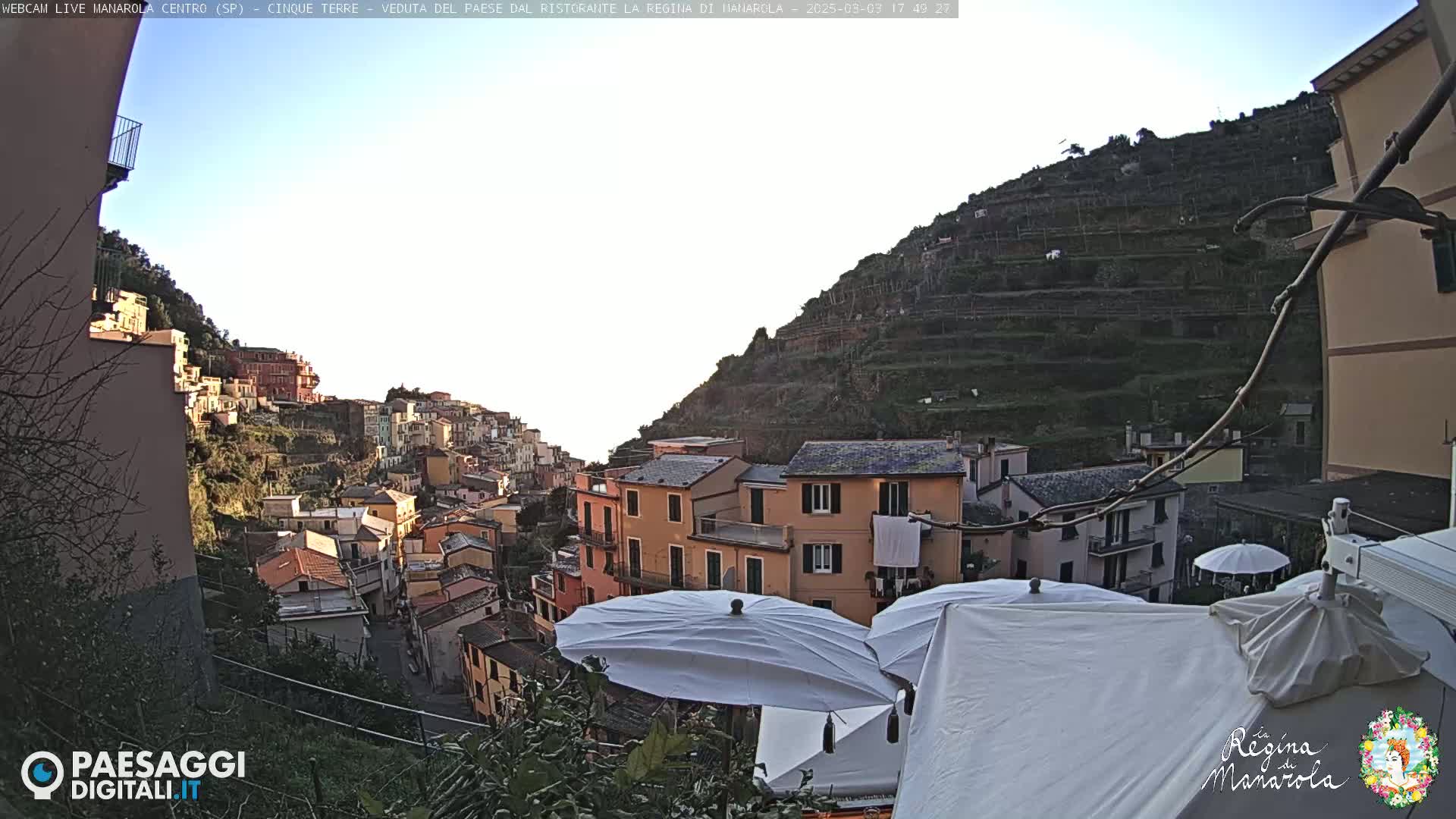 A sunlit hillside village is visible from a slightly elevated vantage point, with terraced vineyards ascending a steep slope behind colorful buildings and outdoor patio umbrellas.