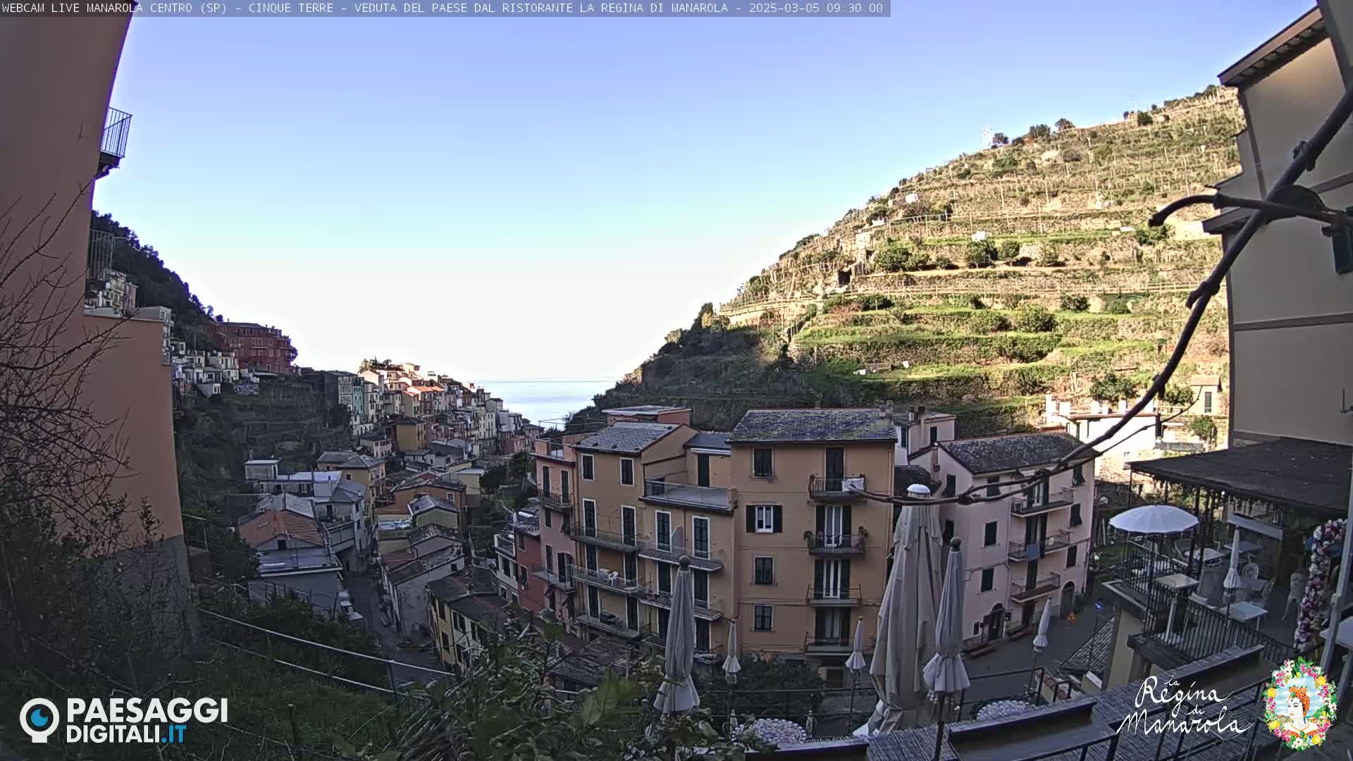 A clear, sunny day overlooks a colorful hillside village with terraced vineyards, the ocean visible in the distance.