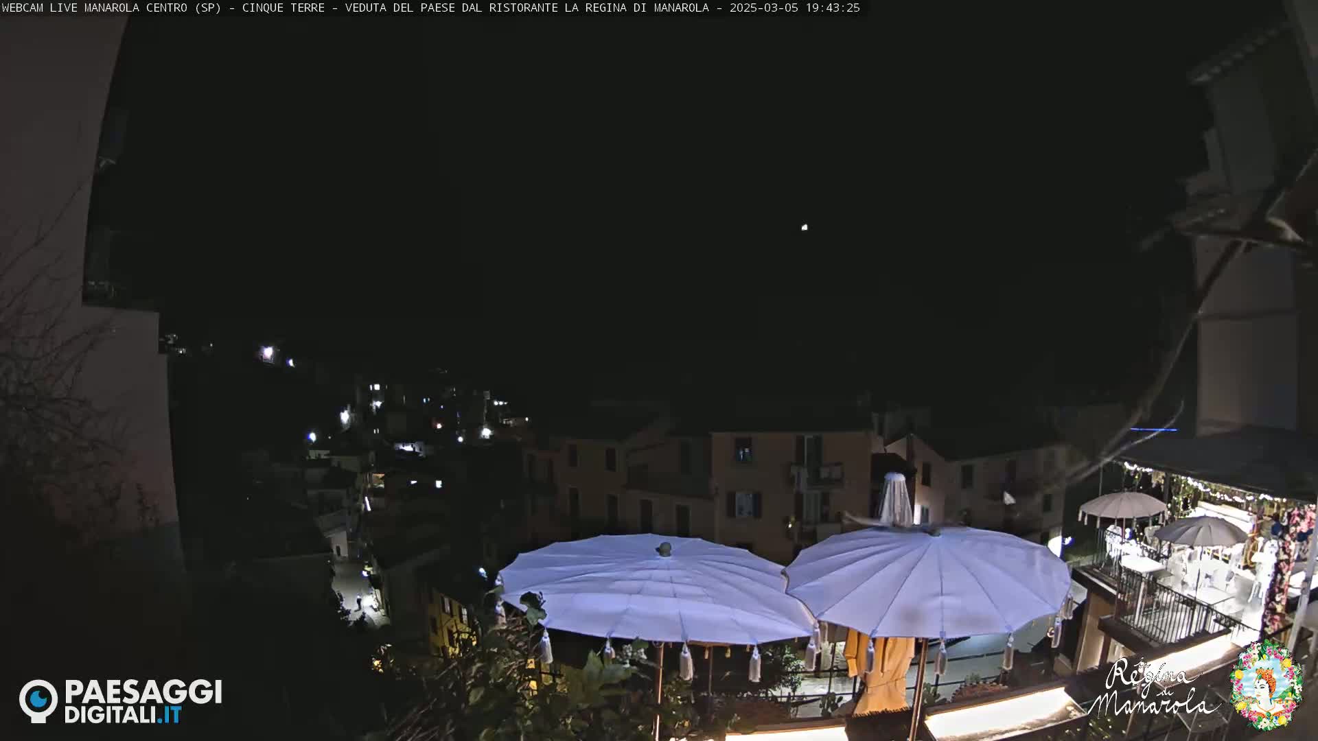 A nighttime view of a town's lights from a rooftop terrace with two white parasols under a clear, dark sky.