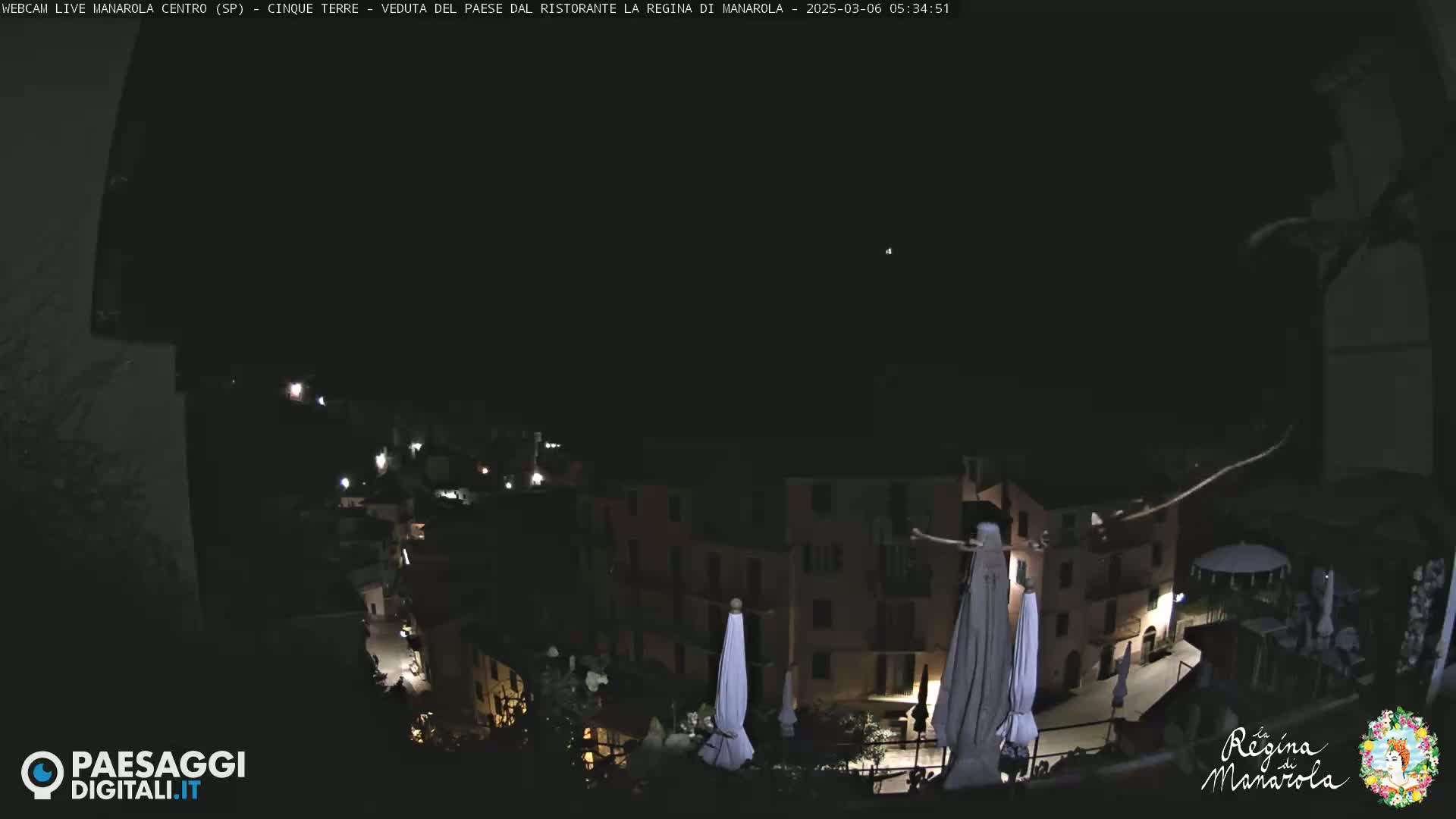 A nighttime view of a town nestled on a hillside, illuminated by scattered lights, with several closed umbrellas visible in the foreground under a clear, dark sky.