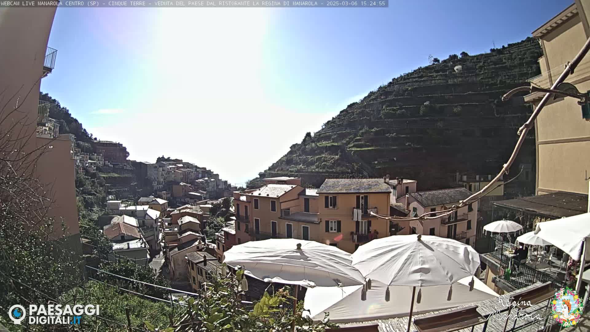 A sunny view of a hillside village with terraced vineyards, featuring several buildings and white patio umbrellas.