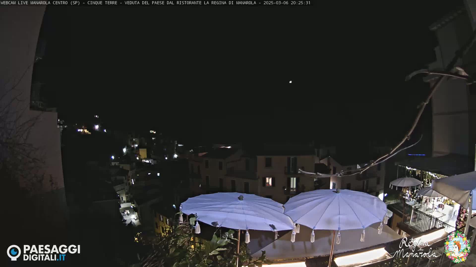 Two white parasols sit on a patio overlooking a dark, nighttime village illuminated by scattered lights.