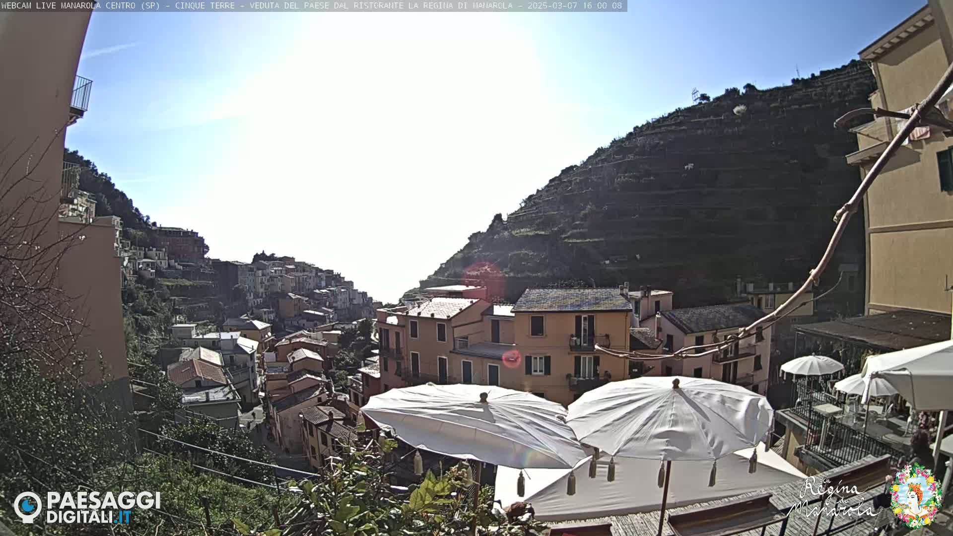 A sunny view of a hillside village with terraced vineyards, showing colorful buildings and white patio umbrellas.