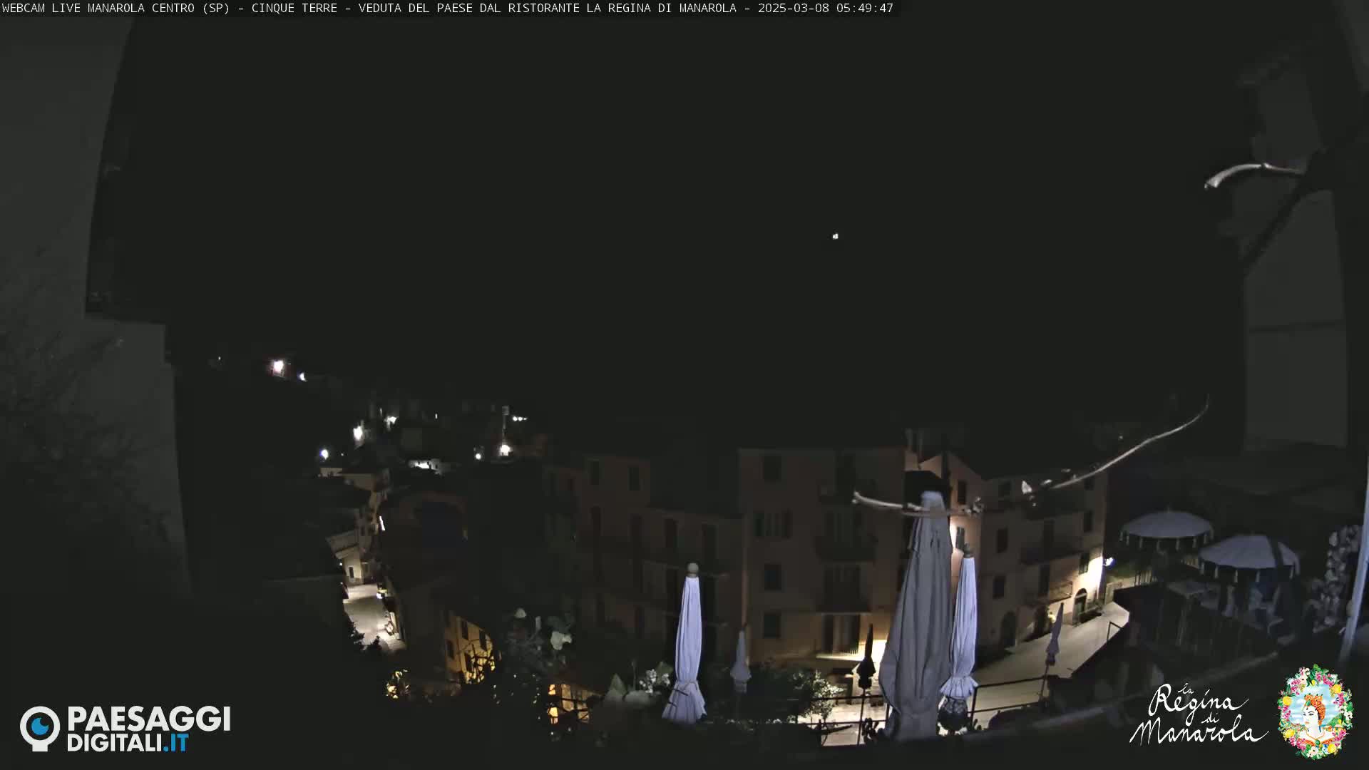 A nighttime view of a village with illuminated buildings and closed parasols, under a dark sky.