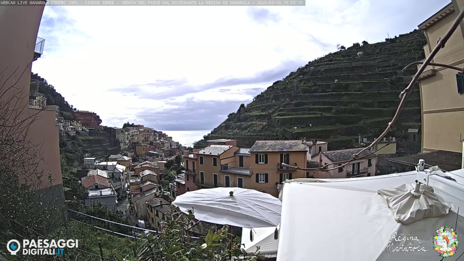A hillside village overlooking the ocean on a cloudy day, with terraced farmland rising behind buildings and a white patio umbrella in the foreground.