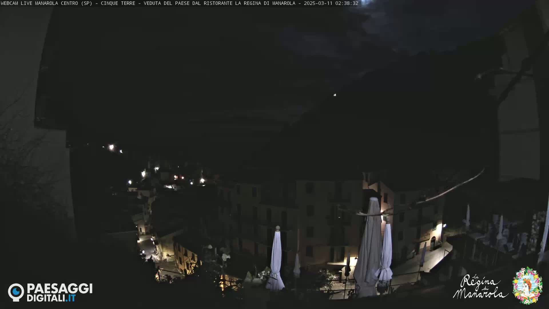 A nighttime view of a dimly lit village nestled on a hillside under a mostly cloudy sky.