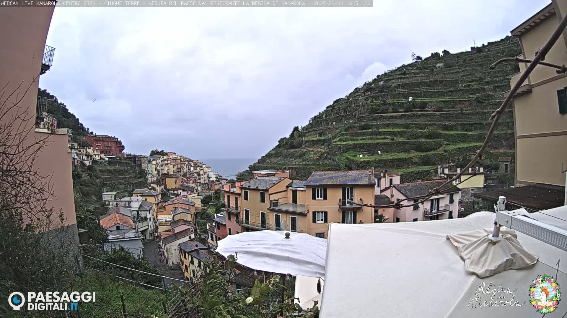 Overcast skies loom over a hillside village of colorful buildings and terraced farms, overlooking the sea.
