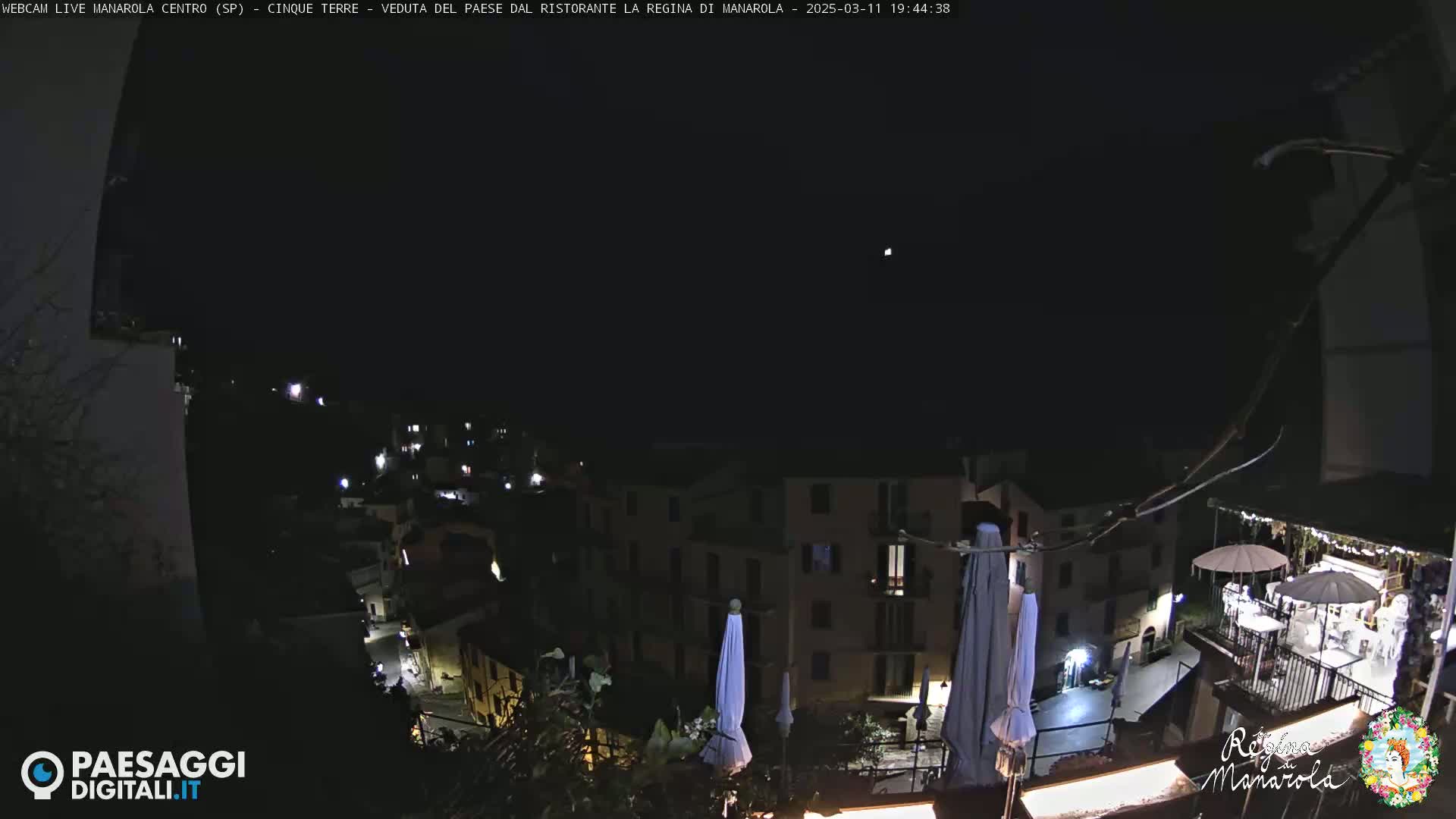 A nighttime view of a town nestled on a hillside, with a few lights visible and several closed umbrellas.