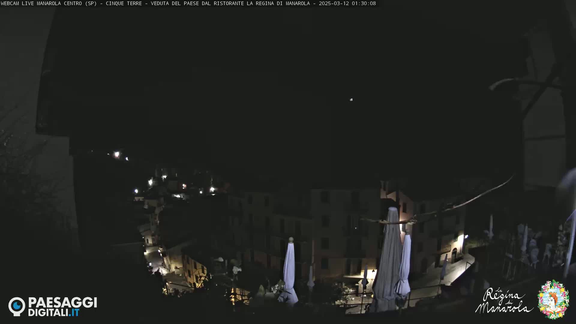 A nighttime, aerial view of a village with closed umbrellas and sparsely lit buildings under a clear, dark sky.