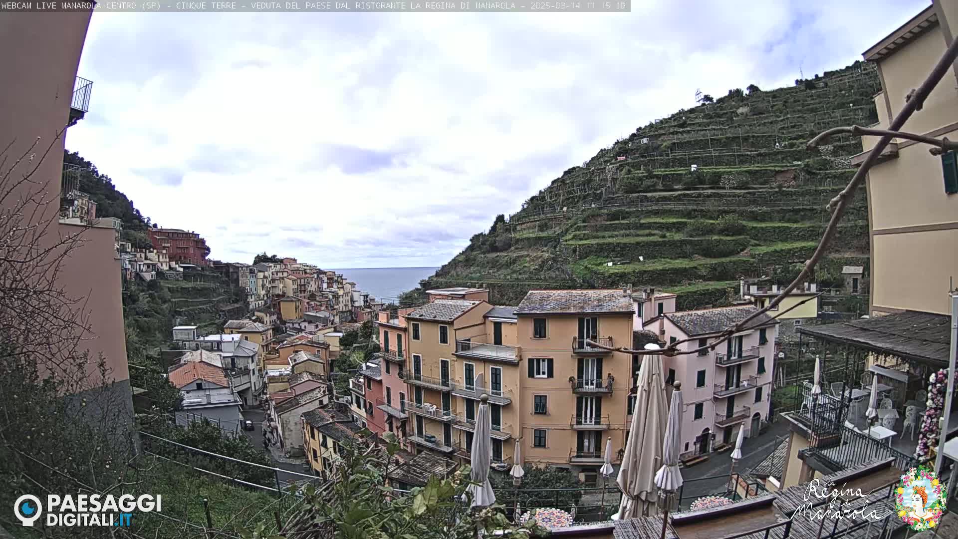 A coastal village with colorful buildings clinging to a hillside, terraced vineyards above, and a partly cloudy sky over a calm sea.