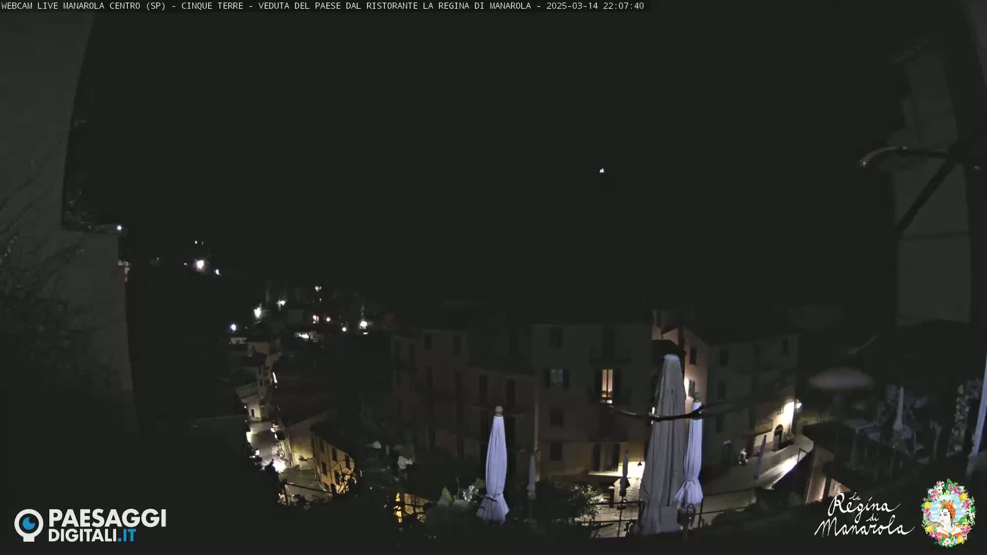 A nighttime view of a village nestled on a hillside, with a few lights visible and several closed umbrellas in the foreground.