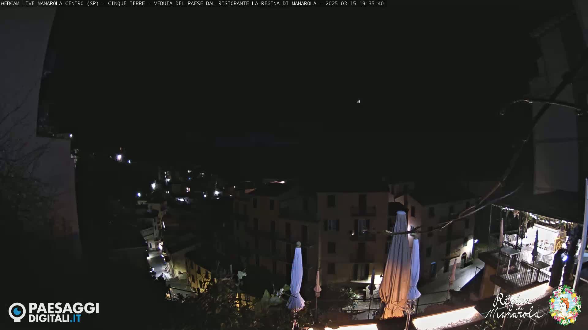 A nighttime view of a hillside town with sparsely lit buildings, several closed umbrellas, and a dark sky.