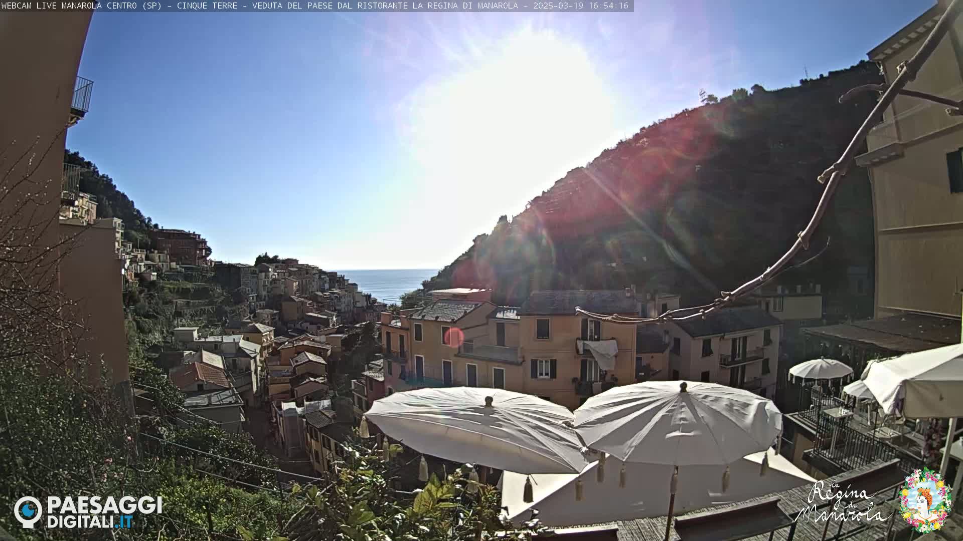 A sunny day overlooking a hillside town with colorful buildings cascading down toward a blue ocean, partially obscured by patio umbrellas.