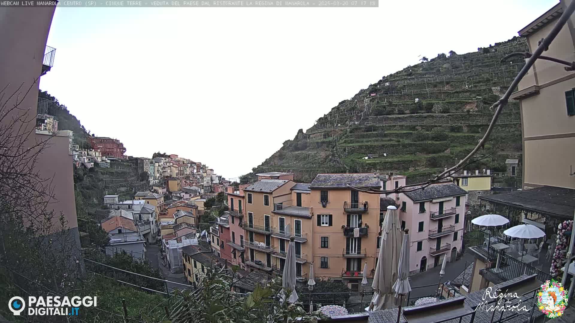 A hillside village of colorful buildings overlooks terraced vineyards on a cloudy day.
