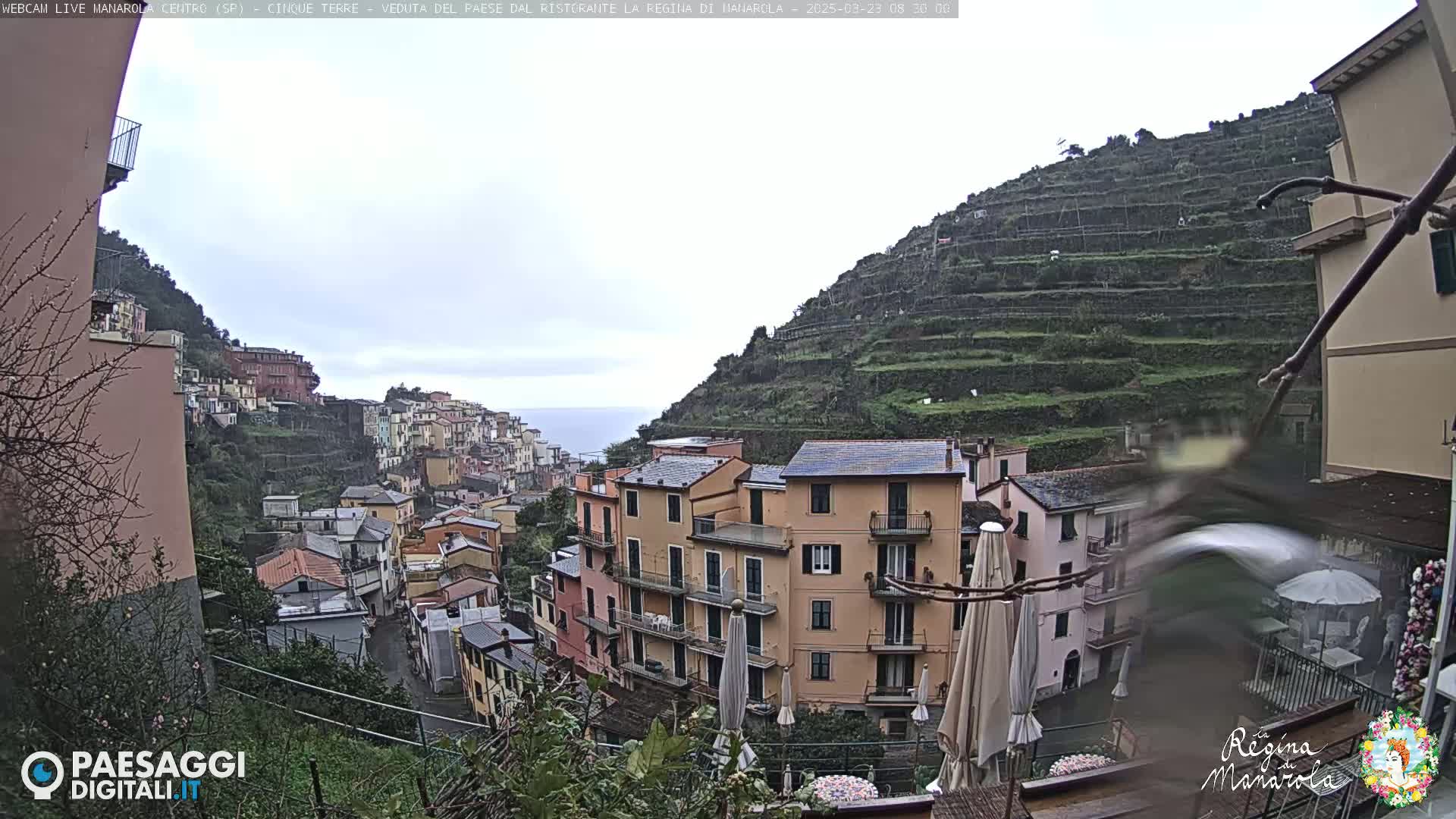 A coastal village clings to a hillside under an overcast sky, terraced fields rising above colorful buildings.