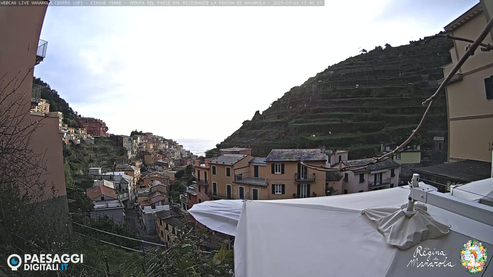 A hillside village overlooks the ocean under a mostly clear sky, with terraced hillsides behind the buildings.