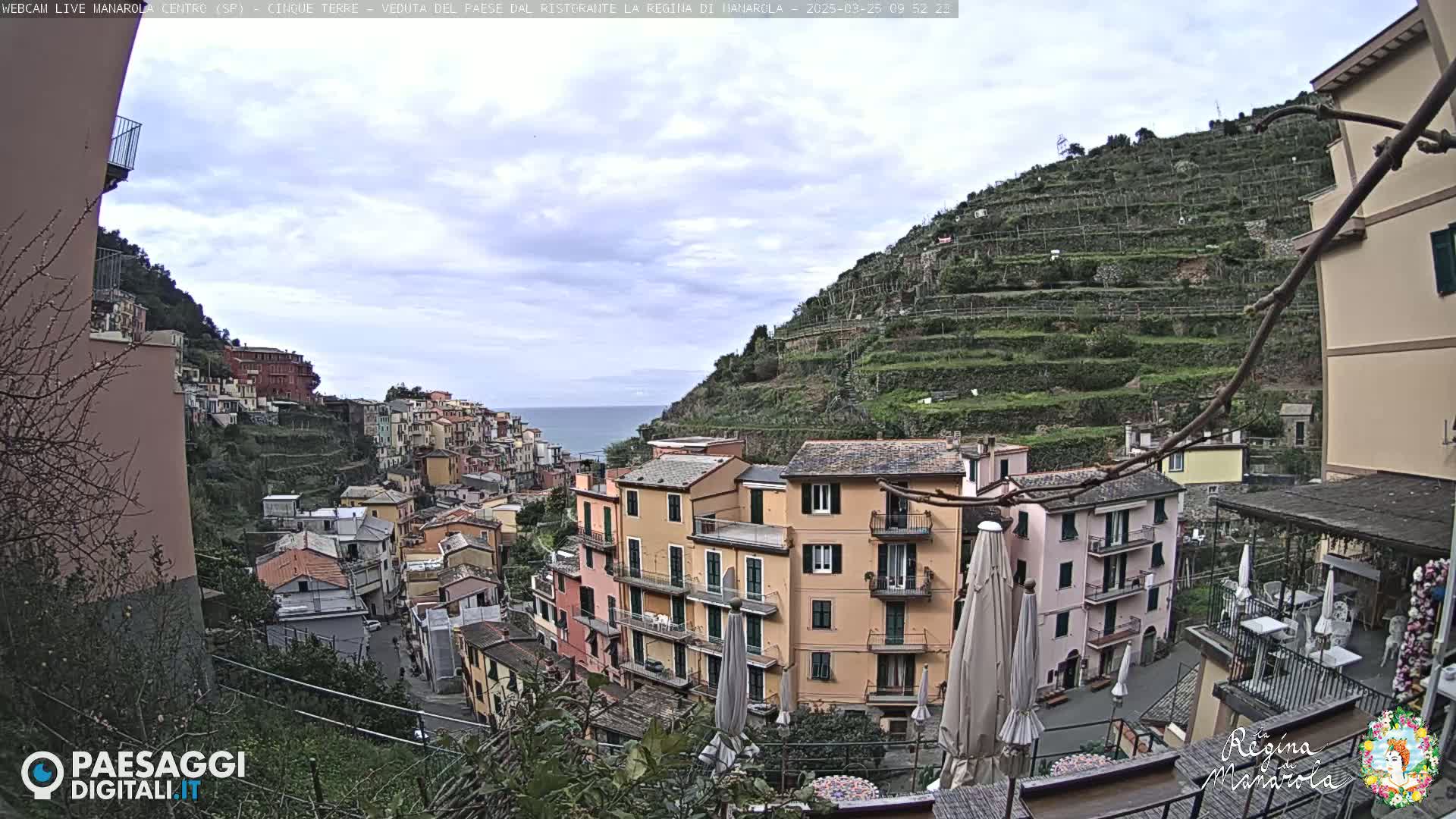 A coastal village clings to a hillside under a mostly cloudy sky, terraced vineyards rising above colorful buildings that overlook a calm sea.
