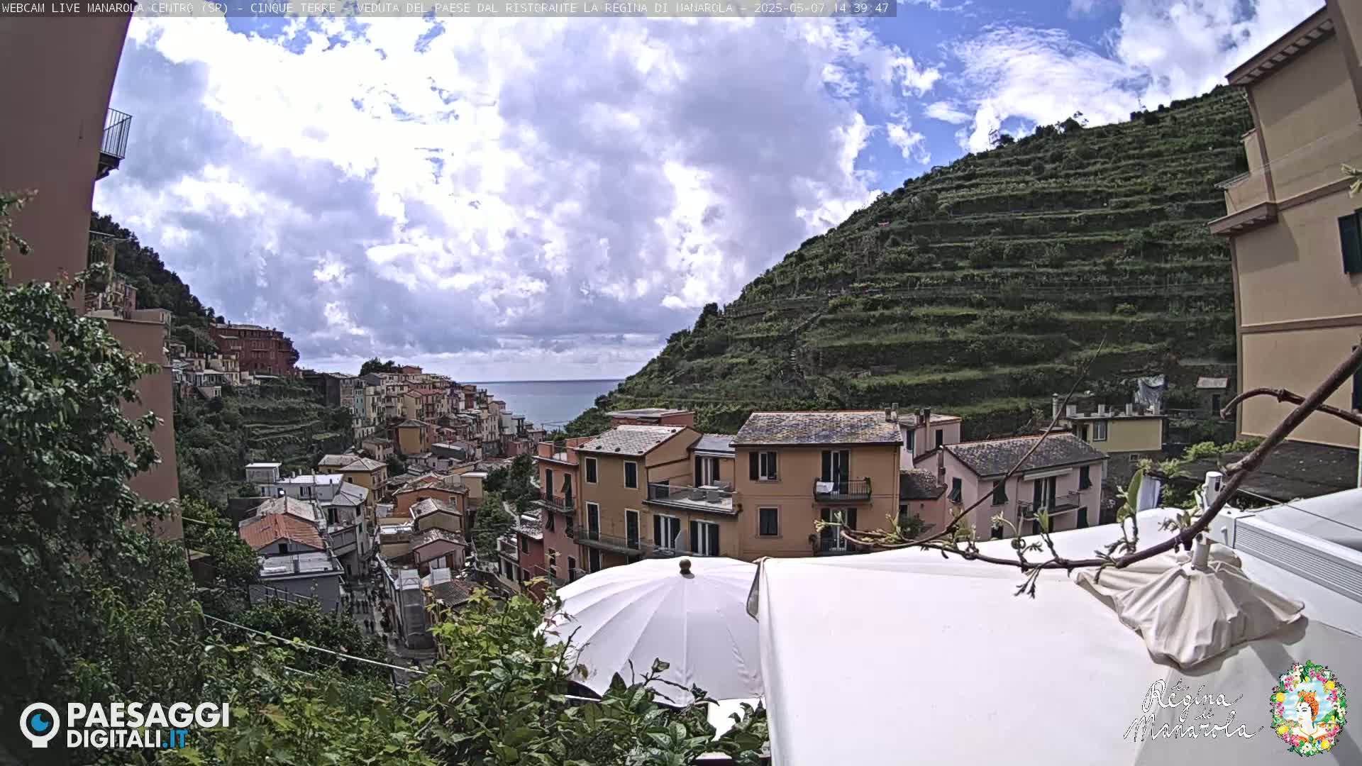 A partly cloudy day overlooks a colorful hillside village nestled against a terraced mountainside, overlooking the ocean.