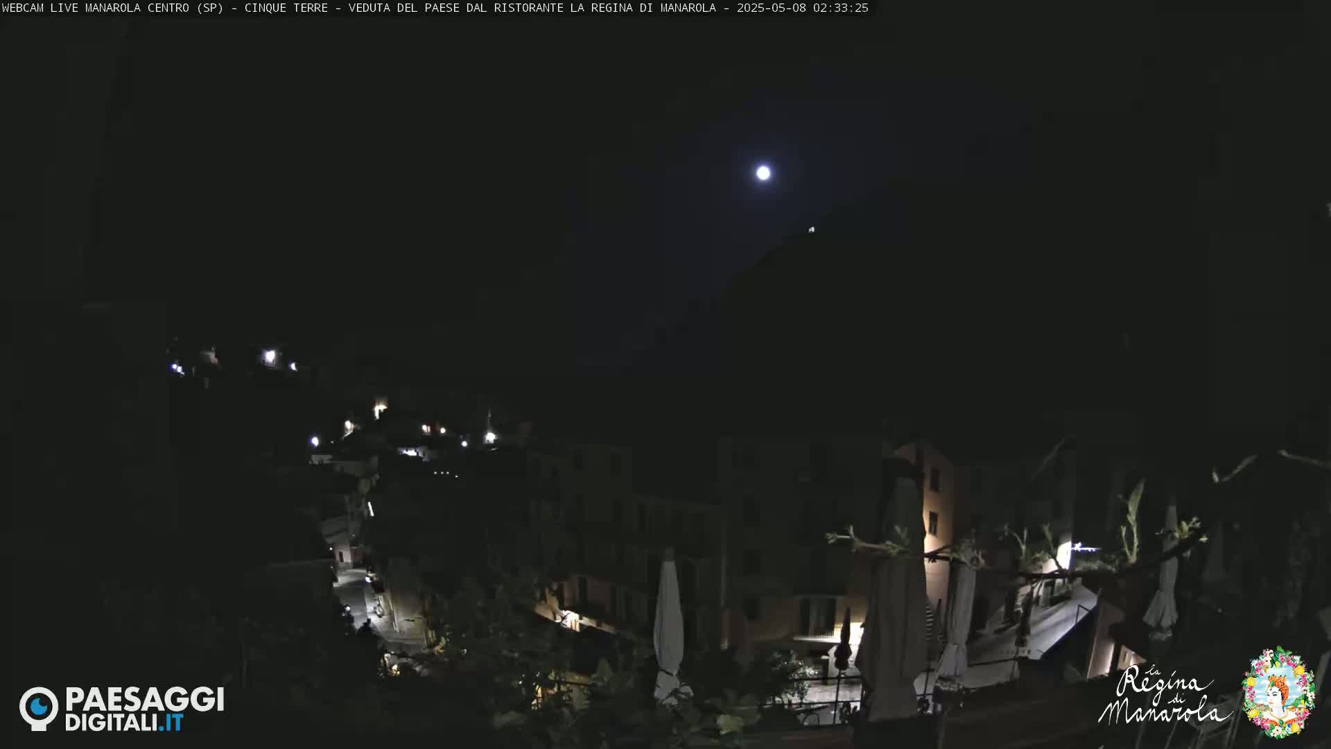 A nighttime view of a village nestled on a hillside, illuminated by scattered lights under a bright moon.