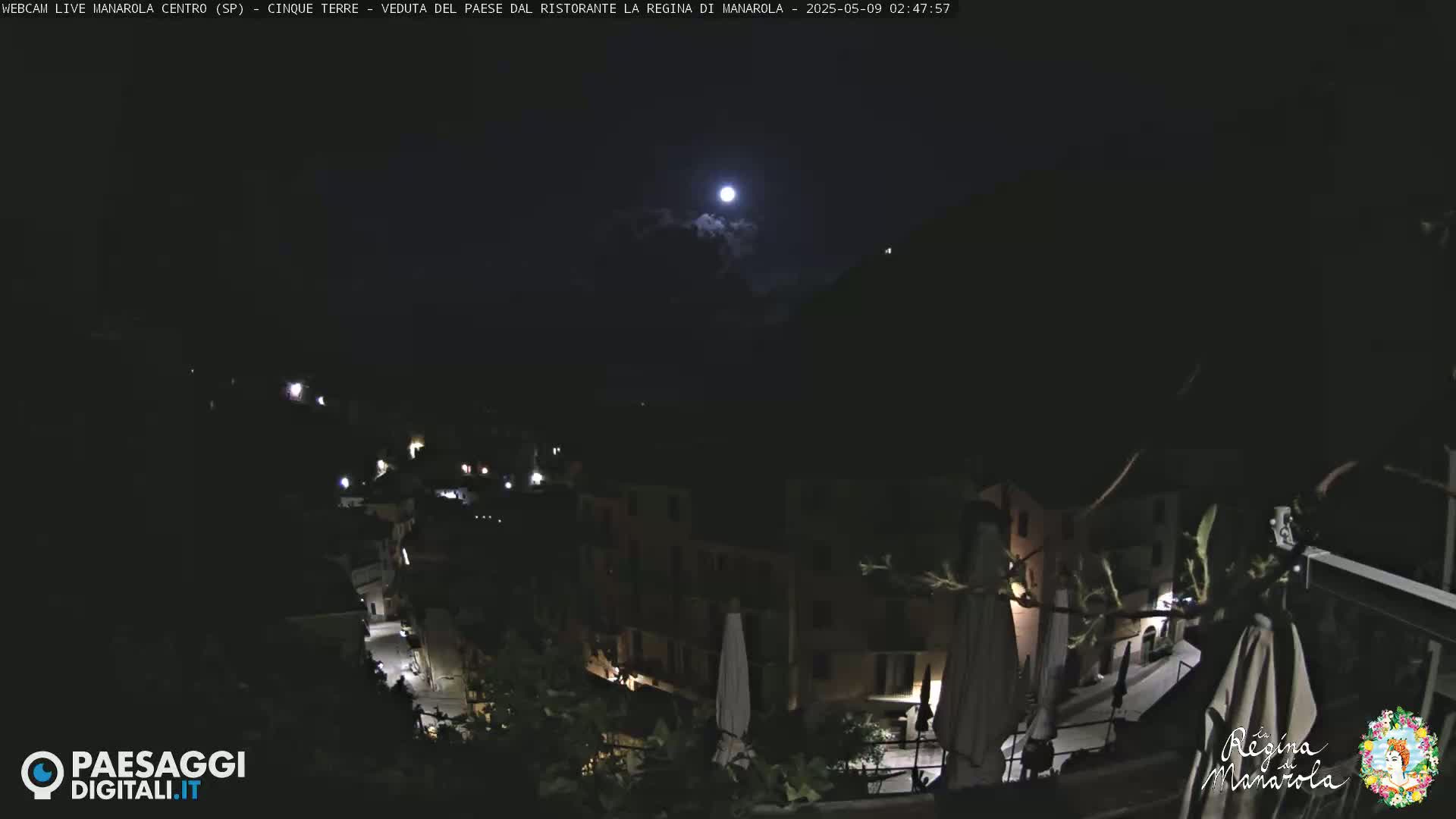 A nighttime view of a village nestled on a hillside, illuminated by a bright moon and scattered lights, under a partly cloudy sky.