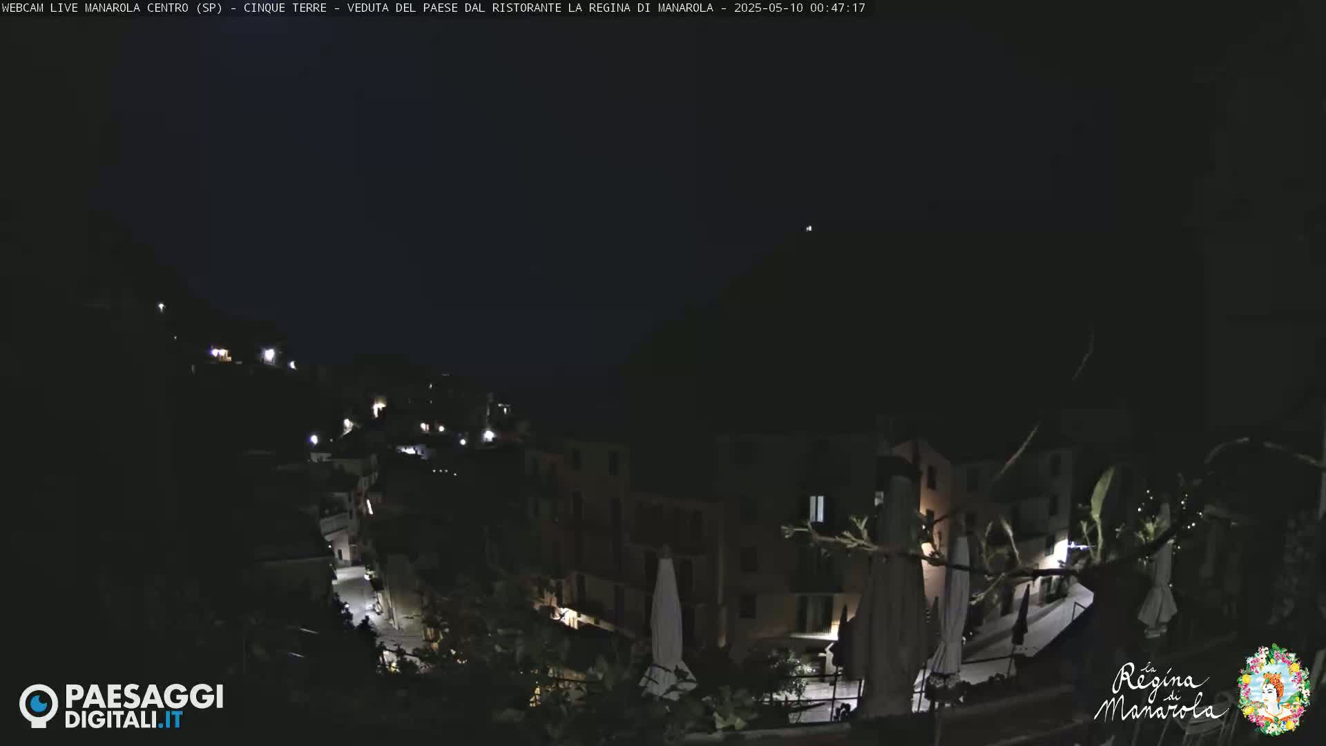 A nighttime view of a hillside village with sparsely lit buildings and closed umbrellas.