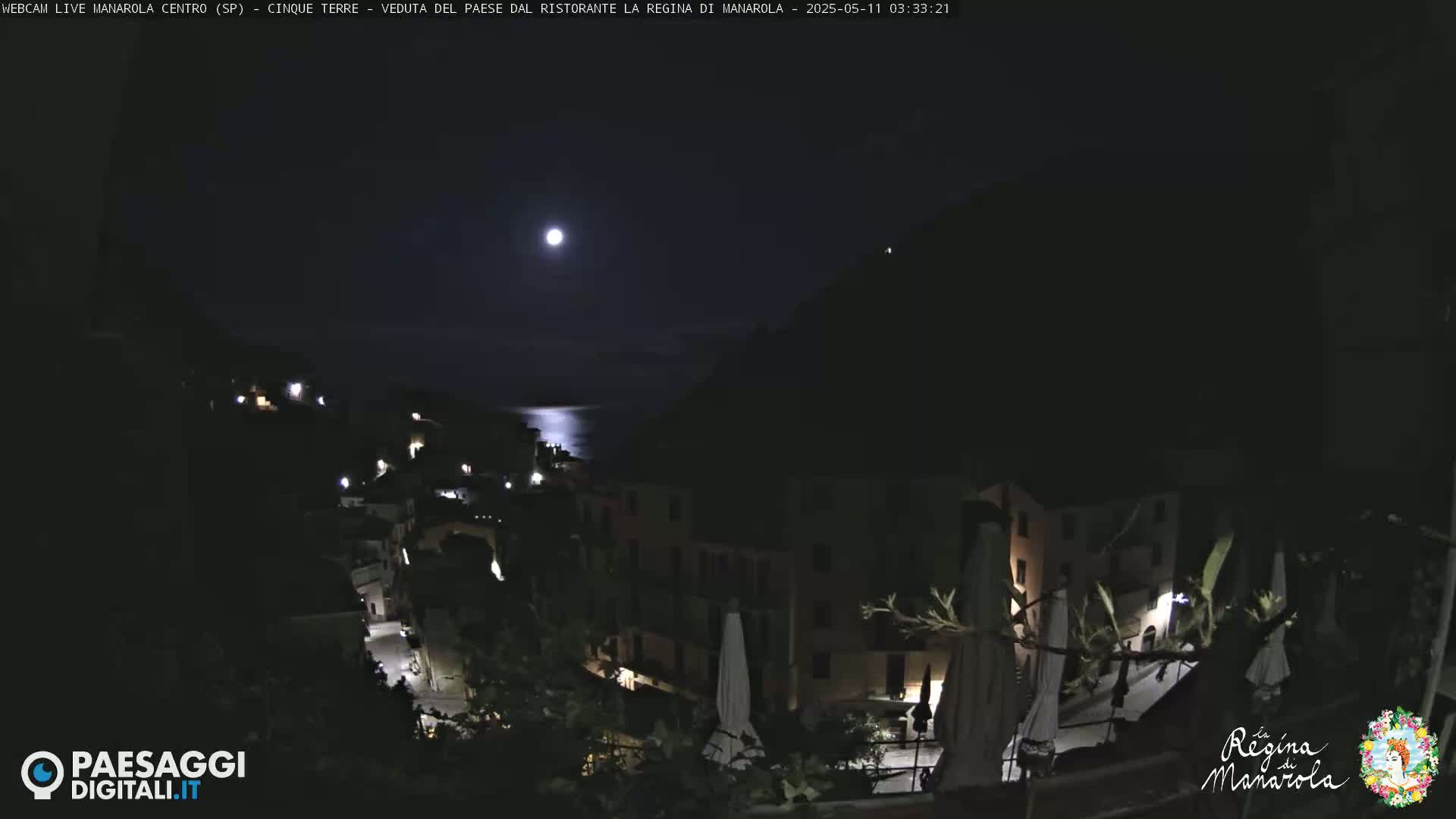 A brightly lit full moon shines over a dark, coastal village at night.