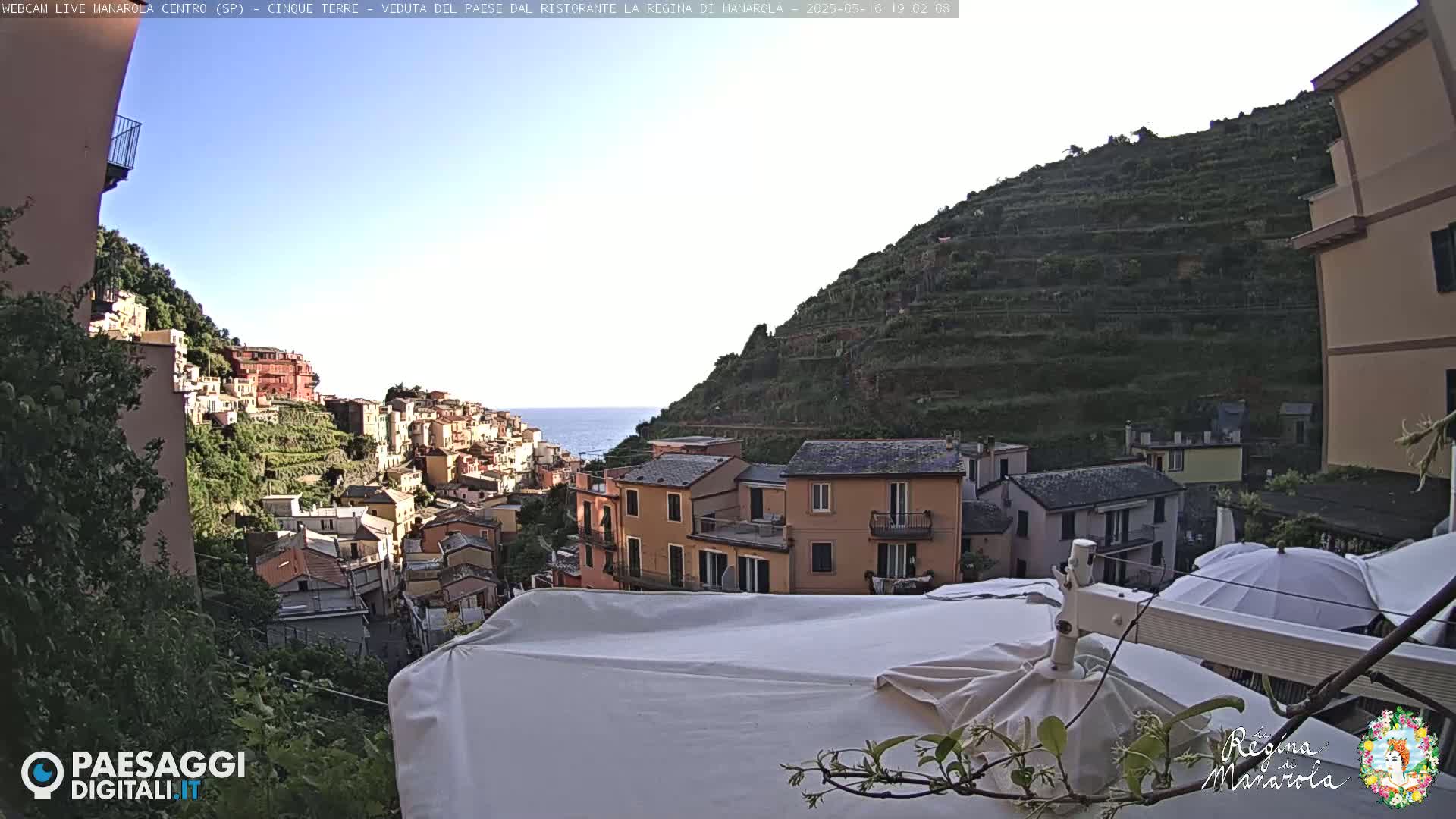 A coastal village nestled on a hillside overlooks a calm sea under a clear sky.