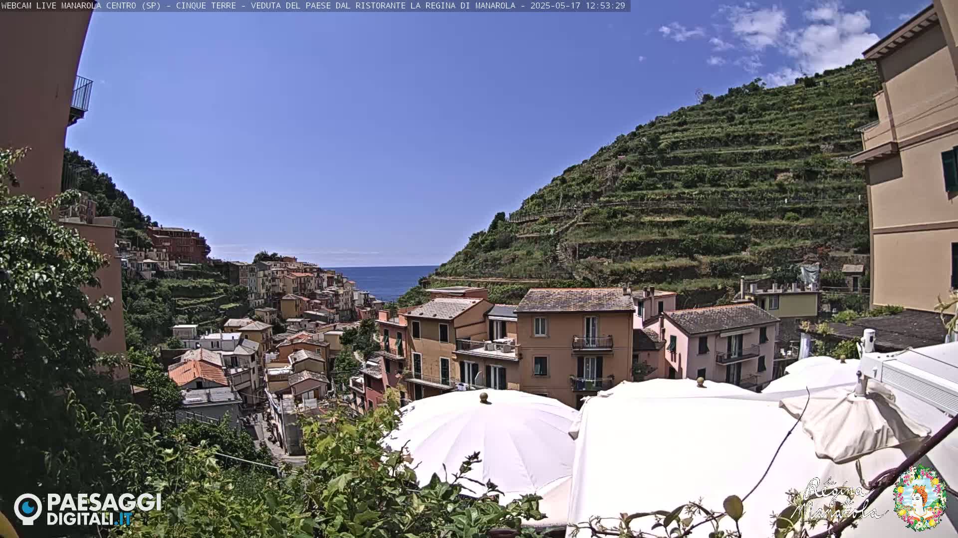 A colorful hillside village overlooks the ocean under a clear blue sky, partially obscured by patio umbrellas.