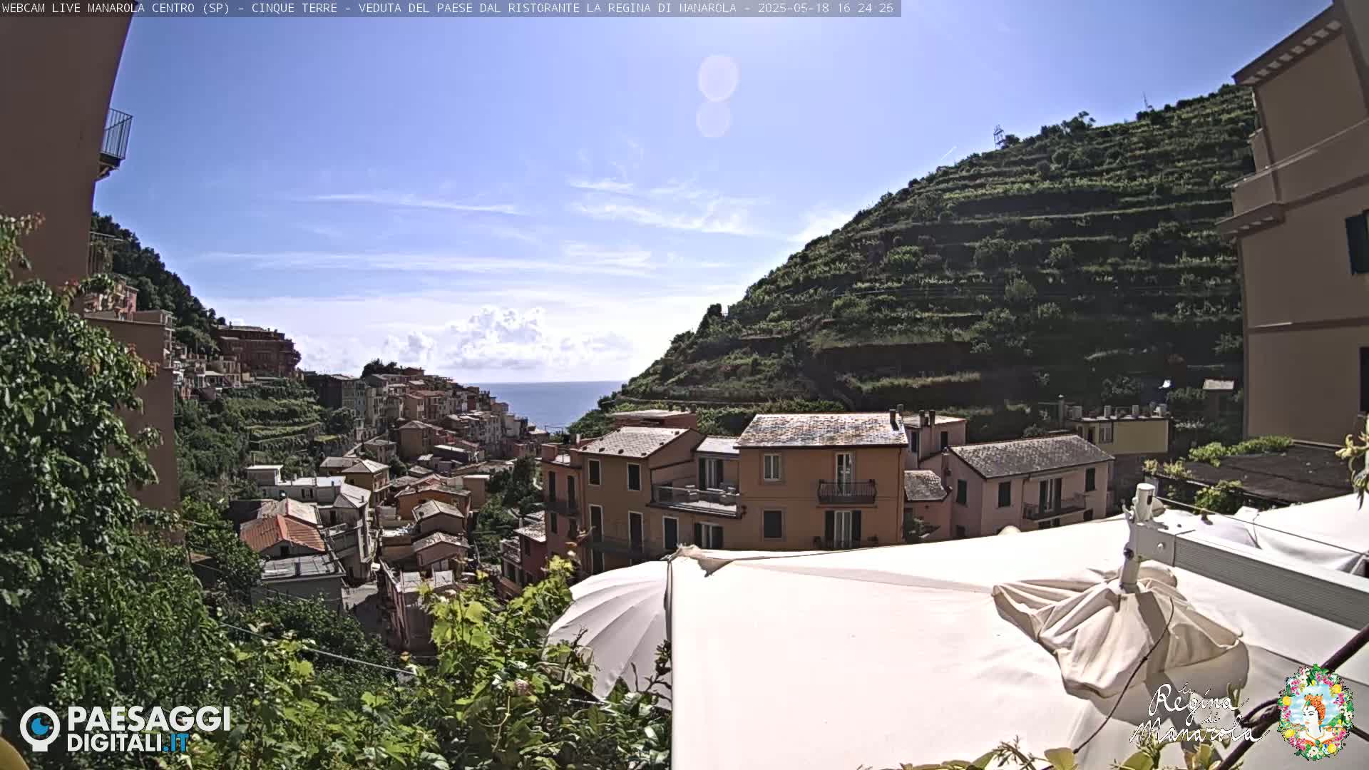 A sunny view of a hillside town overlooking the ocean, with terraced vineyards and buildings cascading down the slope, partially obscured by an outdoor patio umbrella.