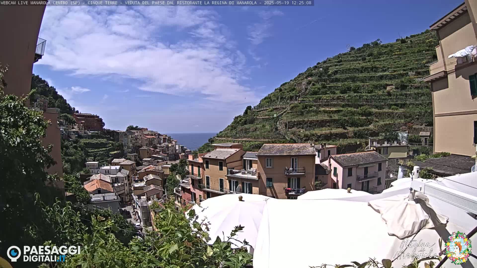 A sunny day overlooking a colorful hillside village with terraced vineyards, and the sea in the distance, partially obscured by white patio umbrellas in the foreground.