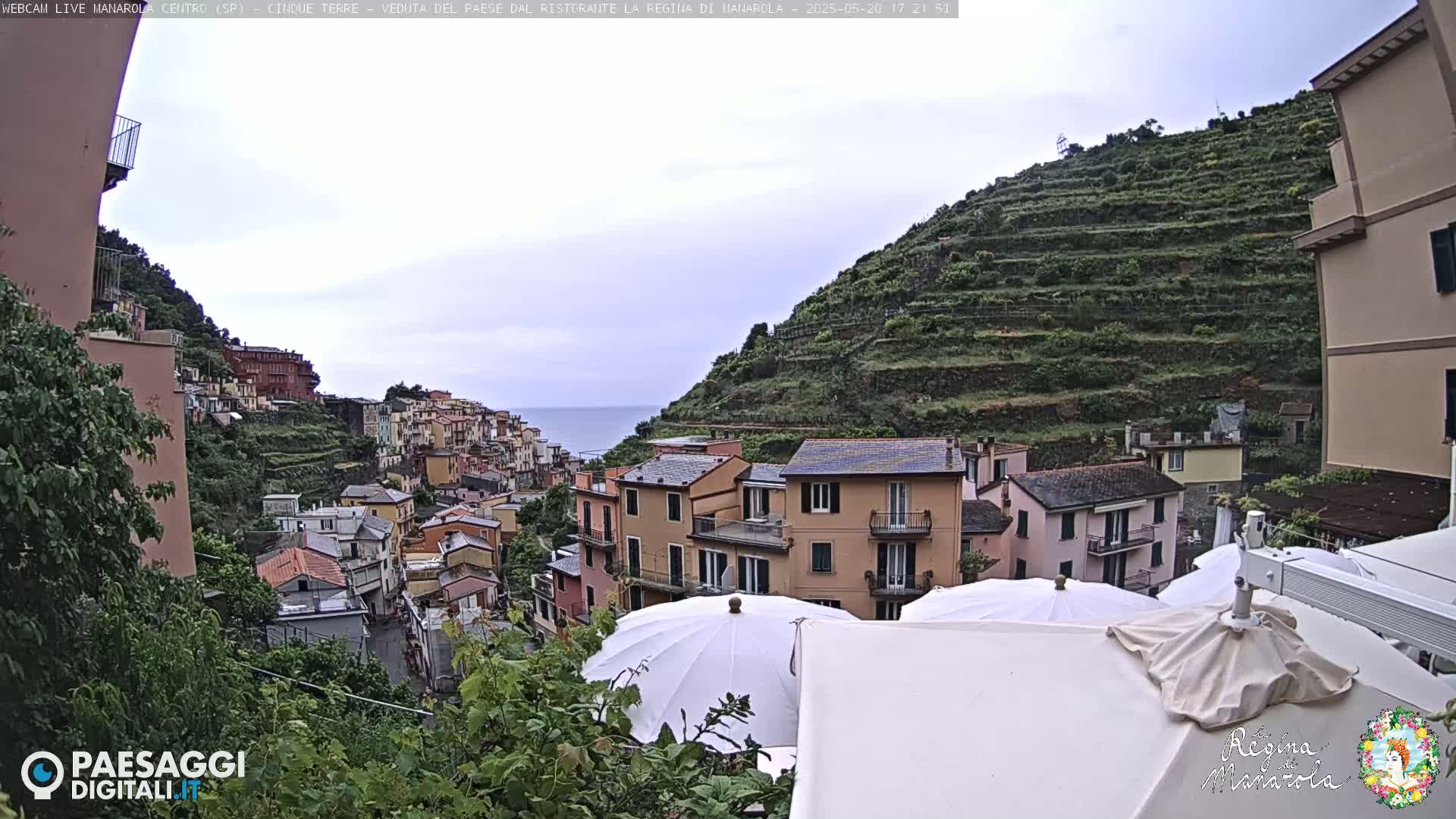 A hillside village with colorful buildings overlooks the sea under an overcast sky, with several white patio umbrellas in the foreground.