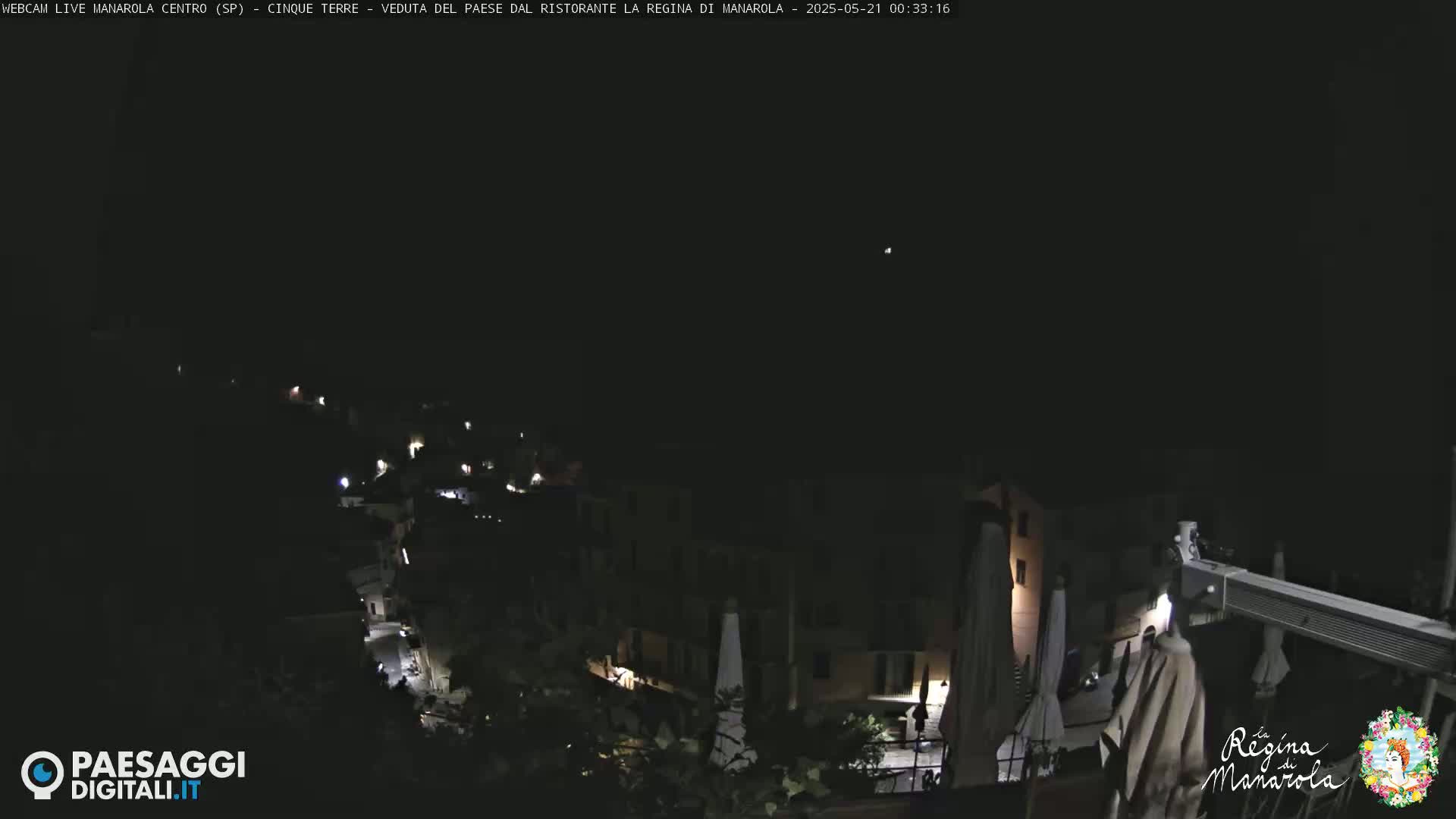 A nighttime, high-angle view of a dimly lit town nestled on a hillside.
