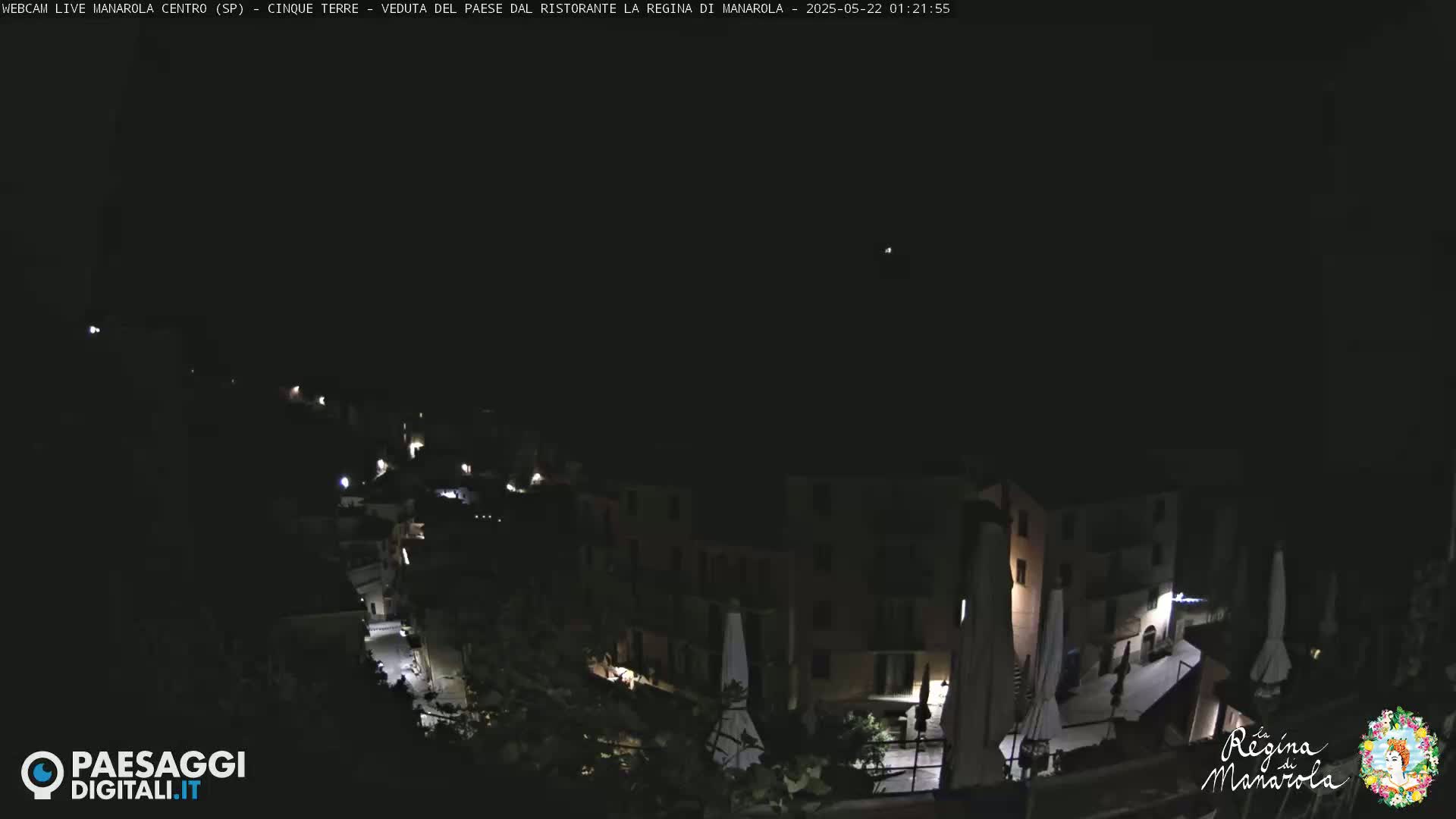 A nighttime, high-angle view of a village with dimly lit buildings and streets.