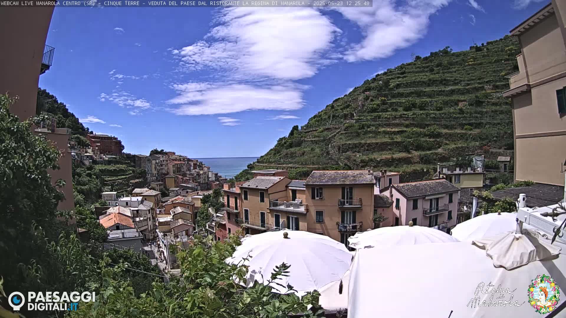 A seaside village on a hillside with terraced vineyards, under a partly cloudy blue sky, is partially obscured by patio umbrellas.