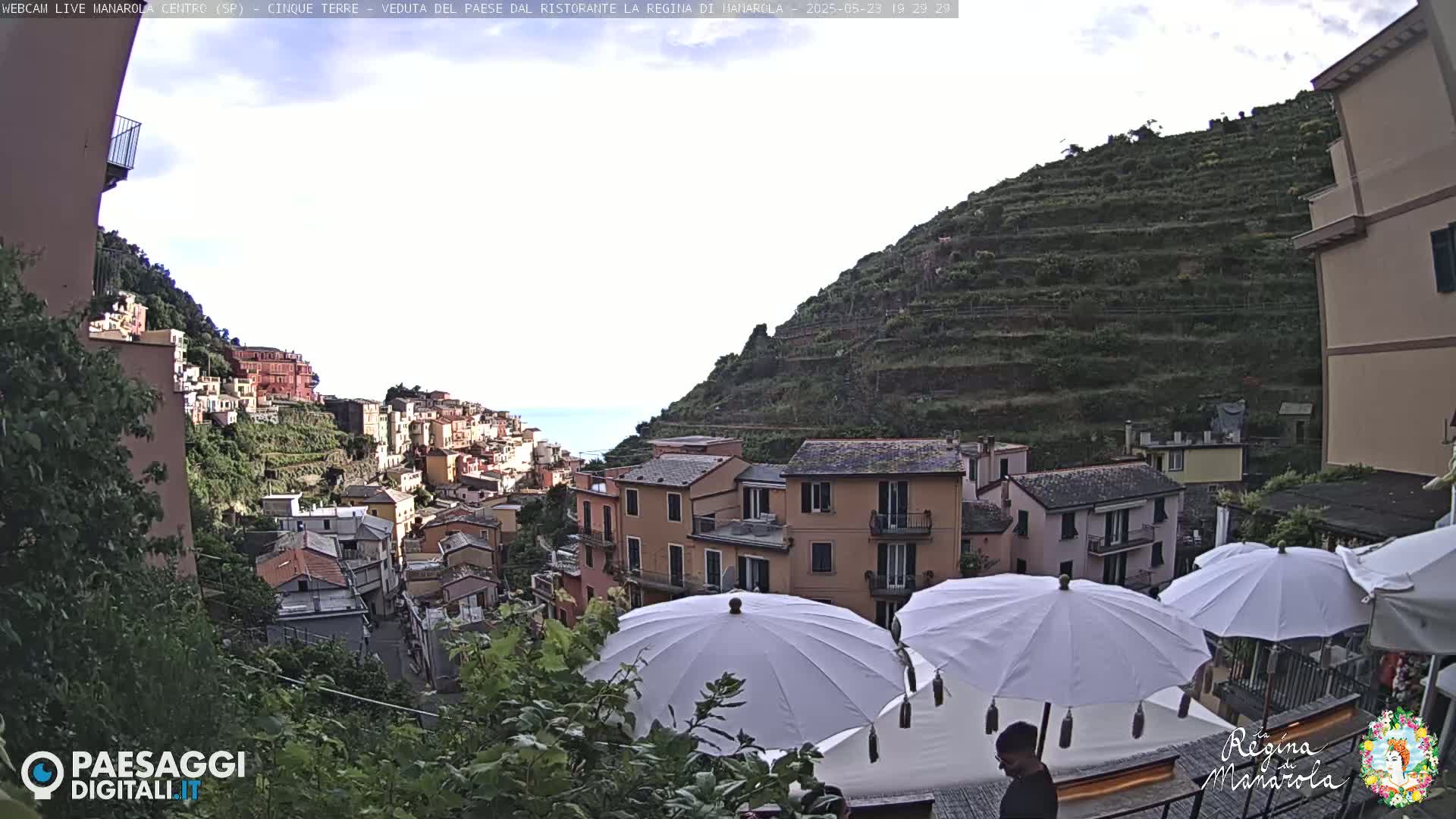 A picturesque coastal town nestled on a hillside, with colorful buildings cascading down towards the sea under a mostly cloudy sky, is partially obscured by white patio umbrellas.