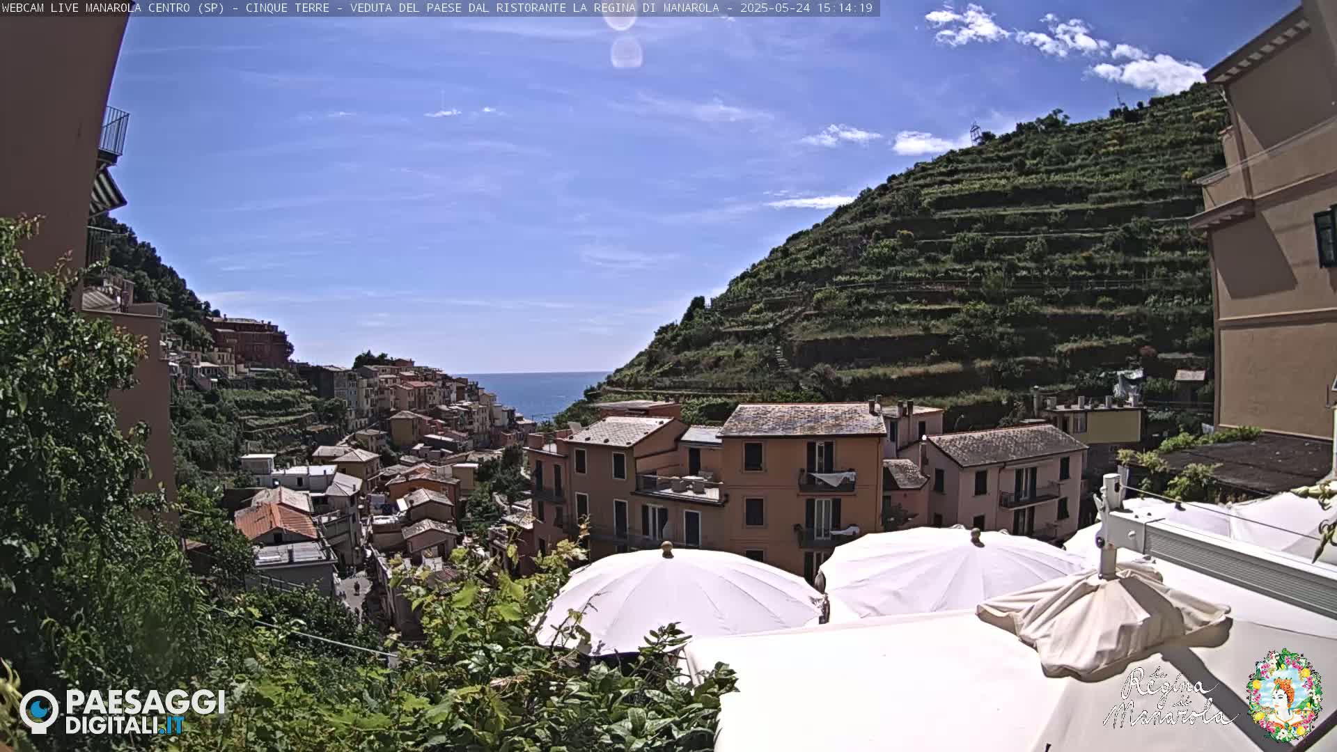 A sunny day overlooks a colorful hillside village with terraced vineyards and the ocean in the distance, as seen from a patio with white umbrellas.