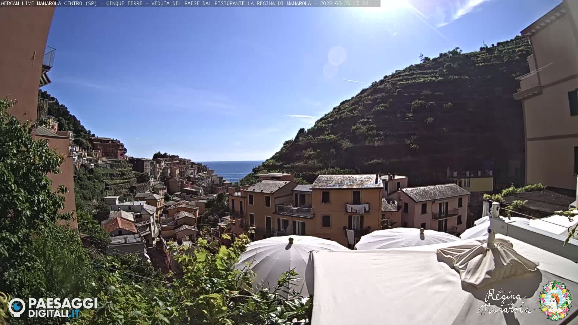 A sunny day overlooking a colorful hillside village with terraced gardens cascading down to the sea, partially obscured by patio umbrellas.