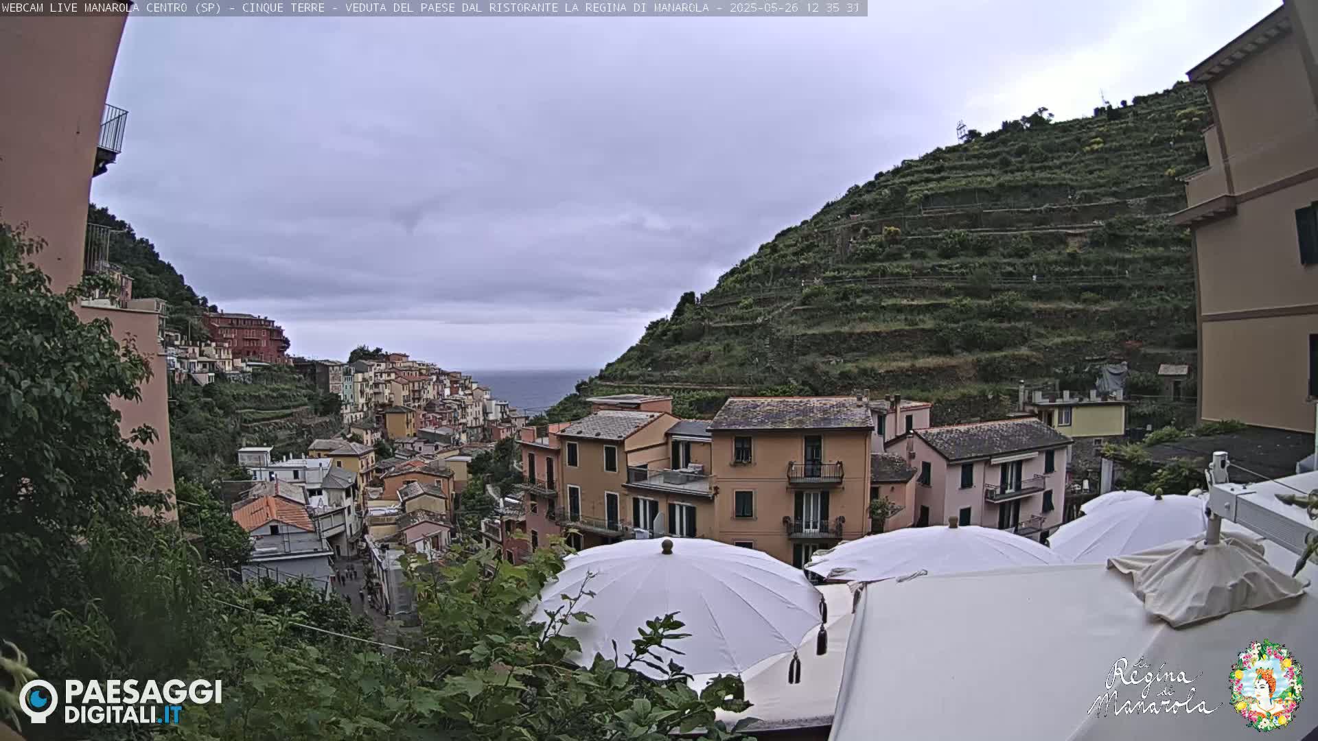 Overcast skies look out over a hillside village of colorful buildings and terraced vineyards, partially obscured by patio umbrellas.