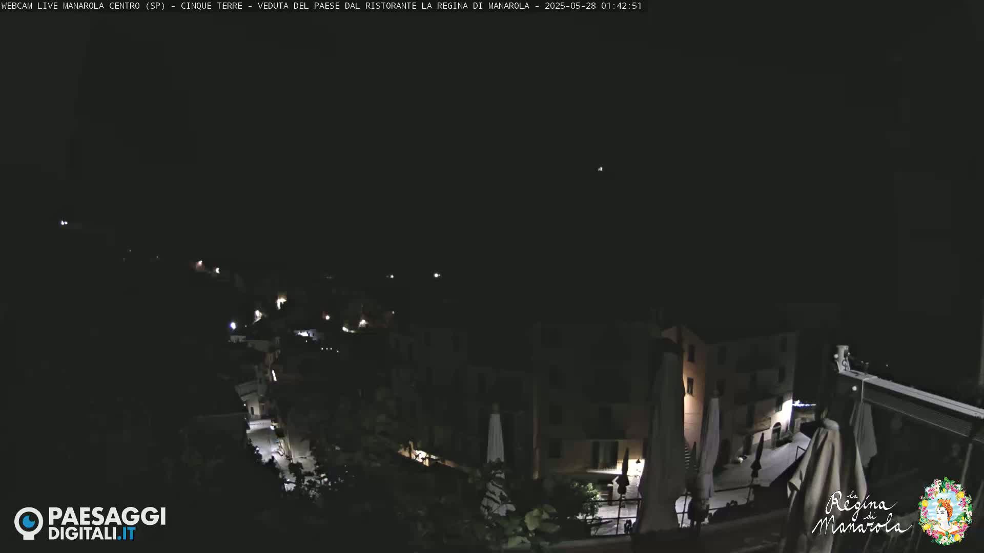 A nighttime view of a village with sparsely lit buildings and streets, under a clear, dark sky.