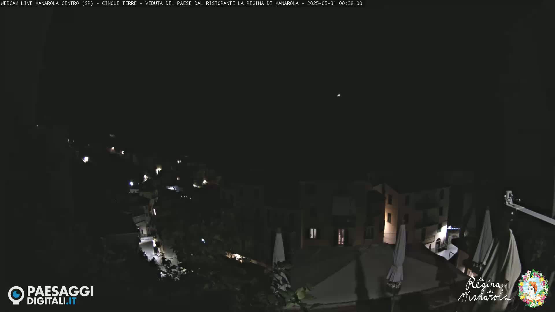 A nighttime, dark view of a village with sparsely lit buildings and closed umbrellas.
