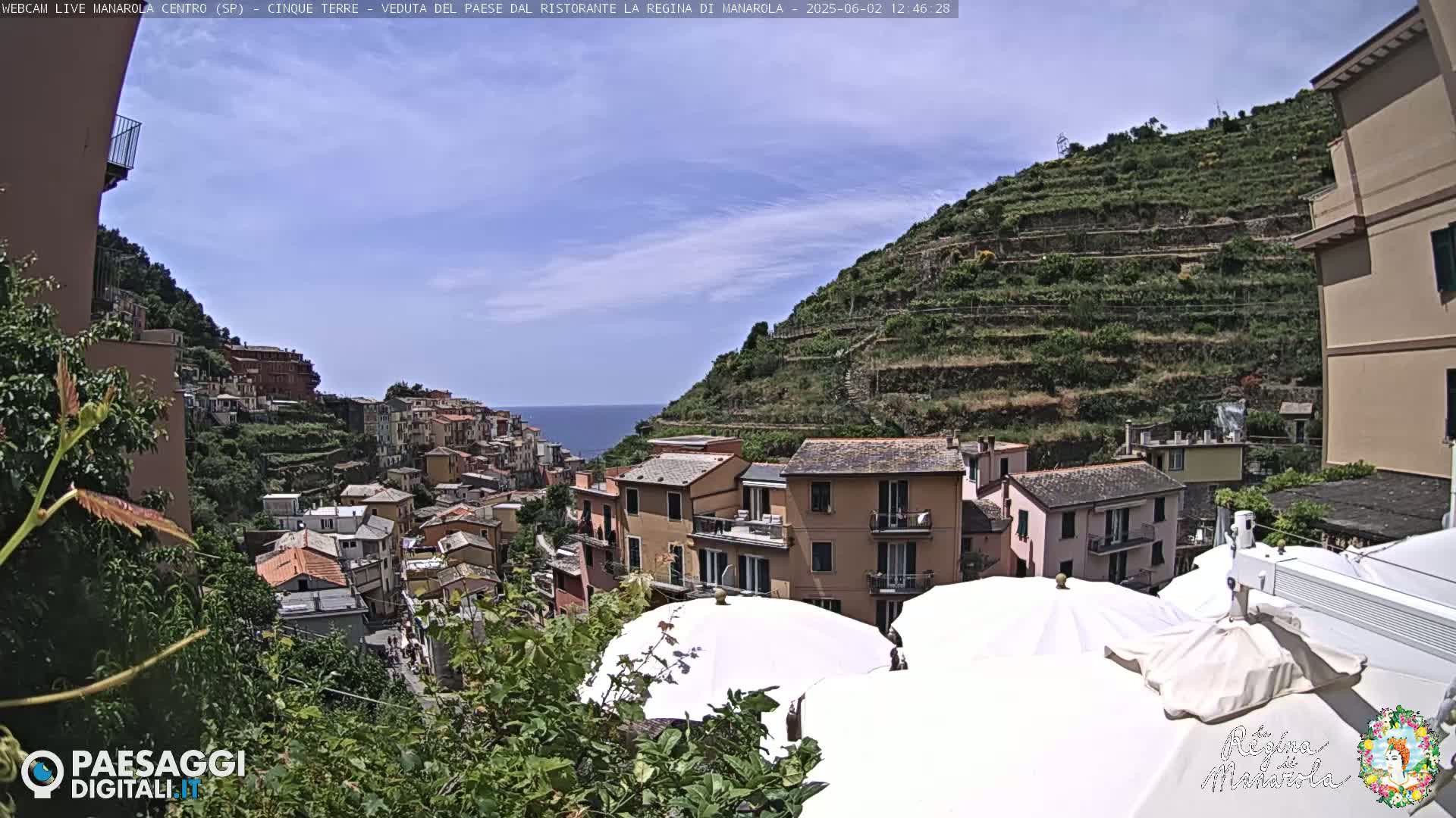 A coastal village clings to a terraced hillside under a mostly sunny sky, with white patio umbrellas in the foreground.