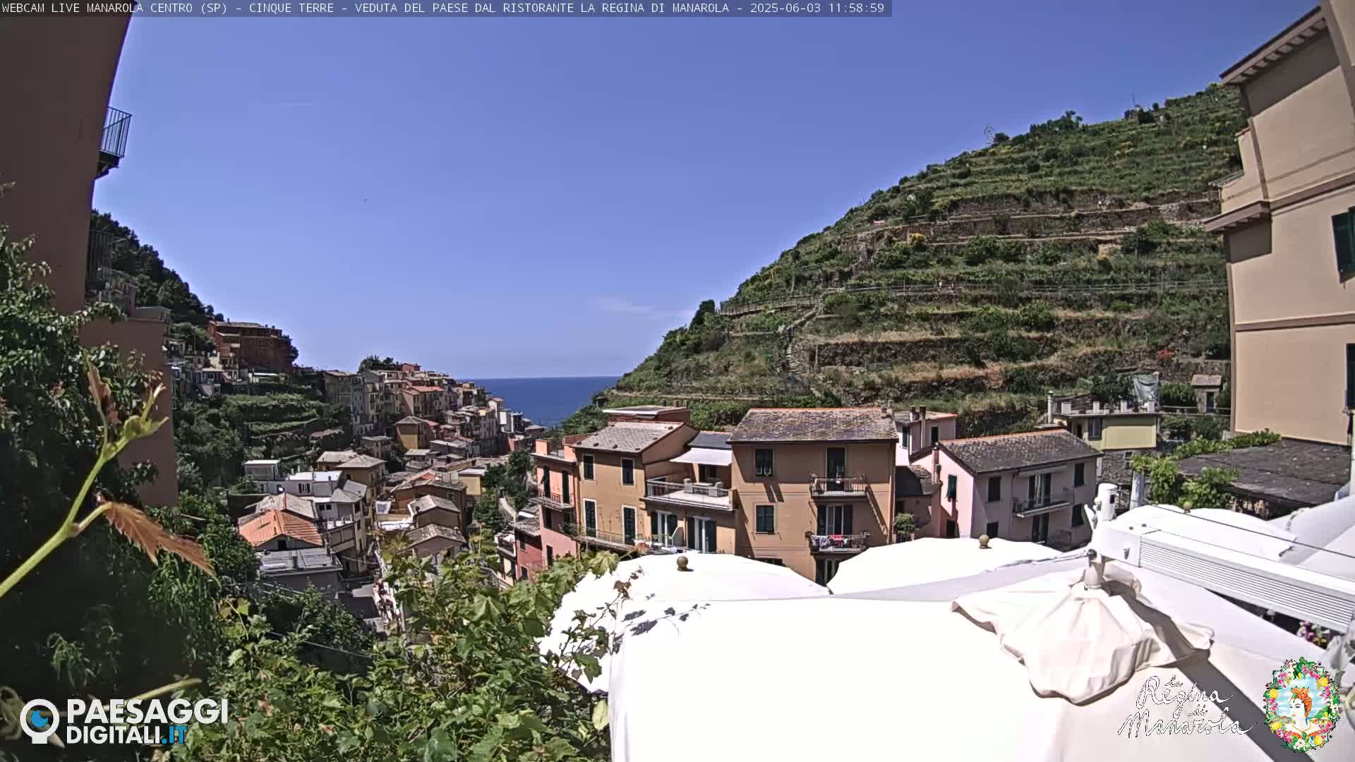 A coastal village clings to a hillside terraced with vegetation, under a clear blue sky, overlooking a calm sea.