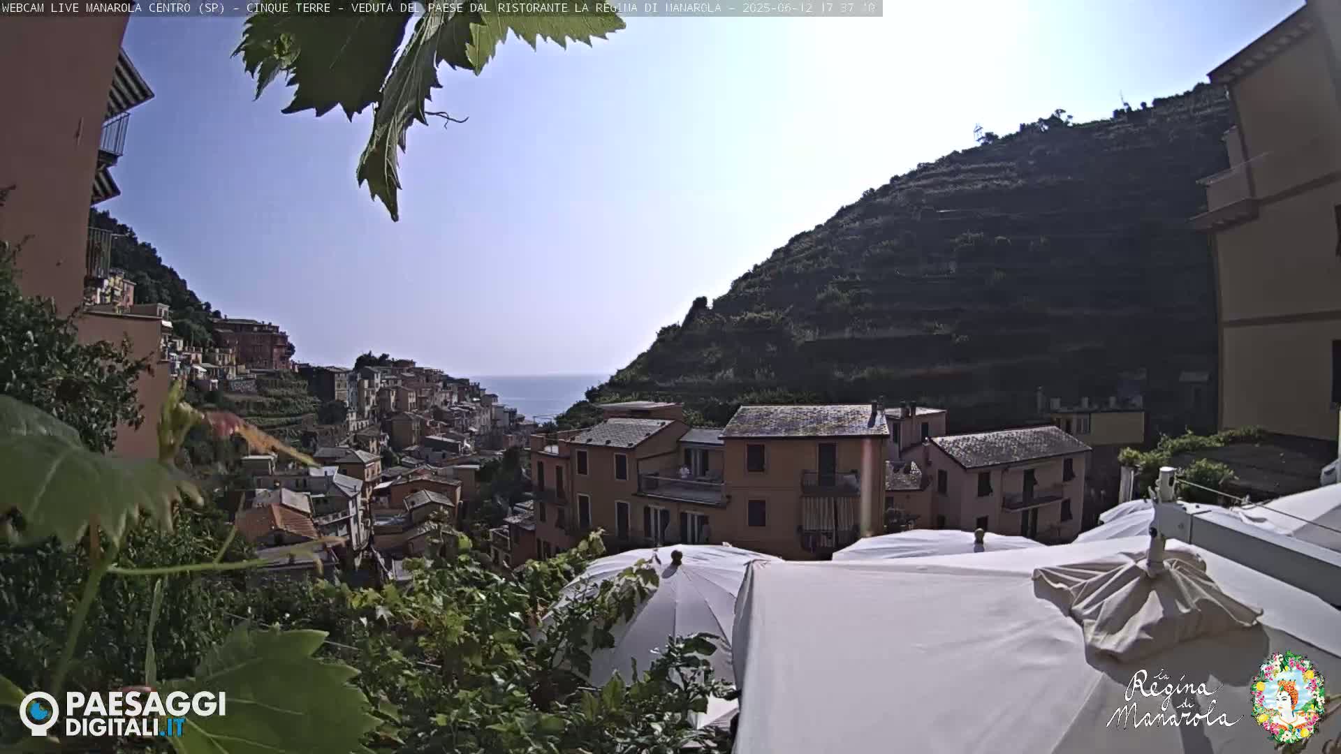 A sunny view overlooking a colorful hillside village with terraced gardens, the ocean visible in the distance.